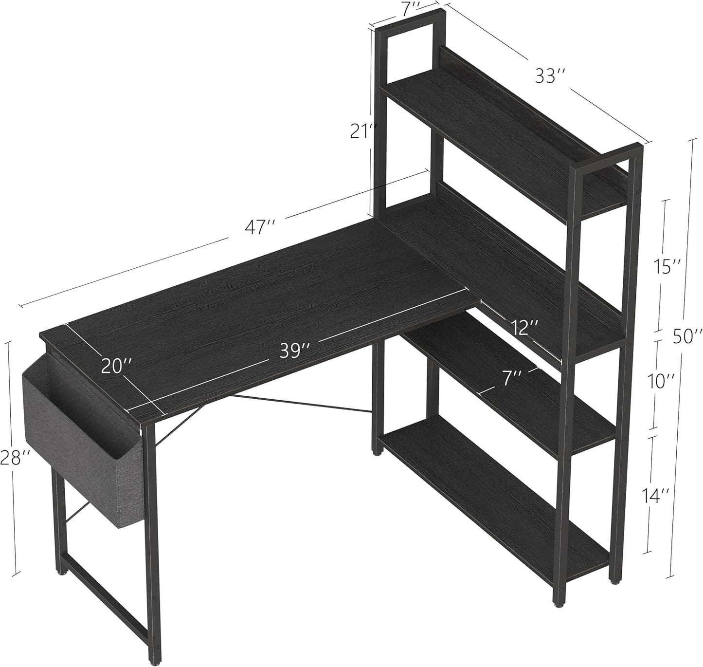 Treesland 47 Inch Computer Desk with Bookshelf, Corner Desk with Storage, L Shaped Desk, Home Office Desks, Writing Study Desk for Bedroom, Black