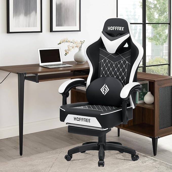HOFFREE Gaming Chair with Speakers Massage Computer Gaming Chair with Pocket Spring Cushion for Adults Reclining Gamer Chair with Bluetooth Video Game Chairs with Footrest White and Black