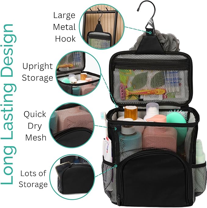 Original Portable Shower Caddy For College Dorms - Foldable Mesh Tote - Dorm Room Essentials - Durable Hanging Travel Shower Bag - Perfect for College Students, Men, Women (Black)