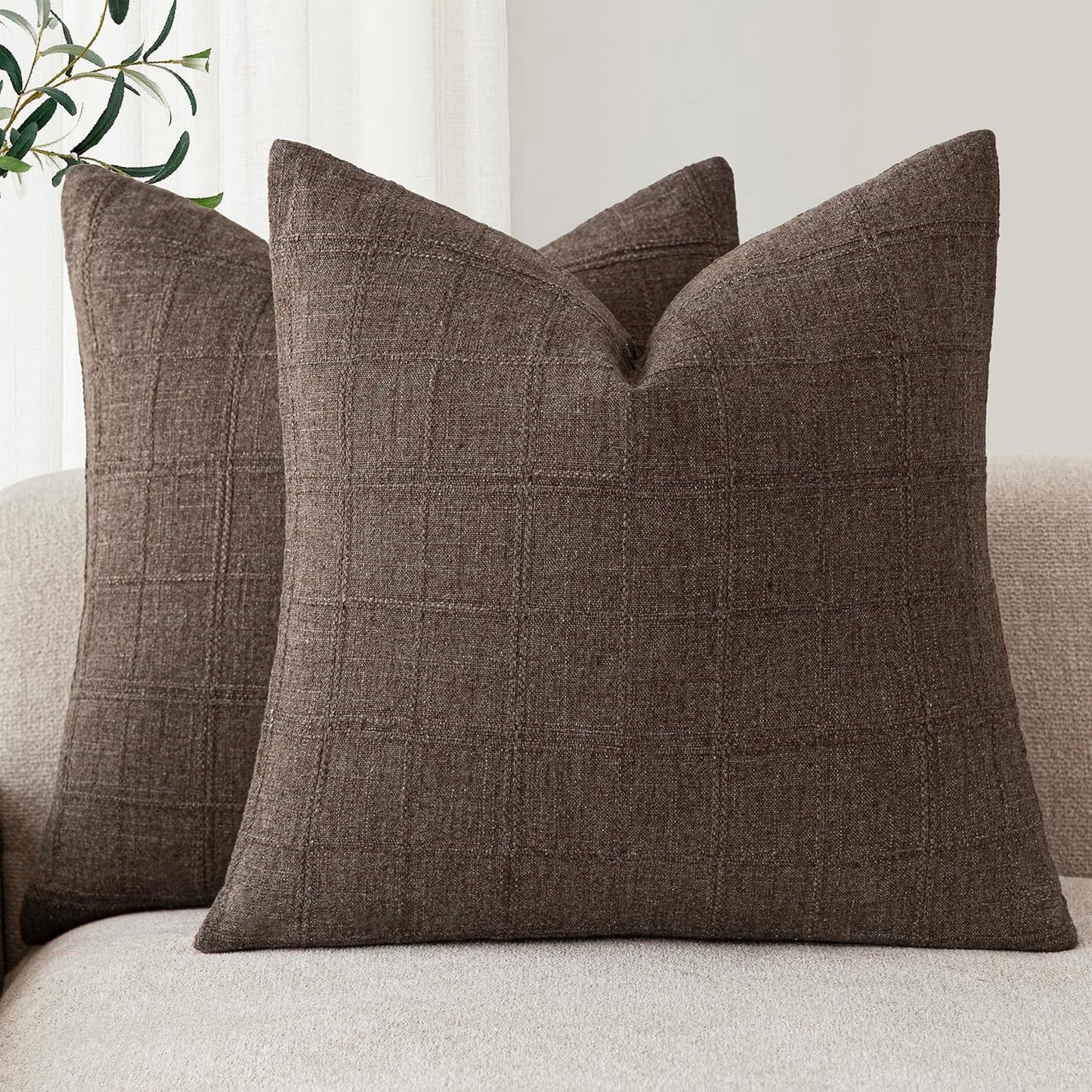 Foindtower Set of 2 Decorative Linen Check Throw Pillow Covers Neutral Farmhouse Vintage Cushion Covers Modern Boho Home Decor for Sofa Chair Couch Bedroom Living Room Outdoor,16×16 Inch,Dark Brown