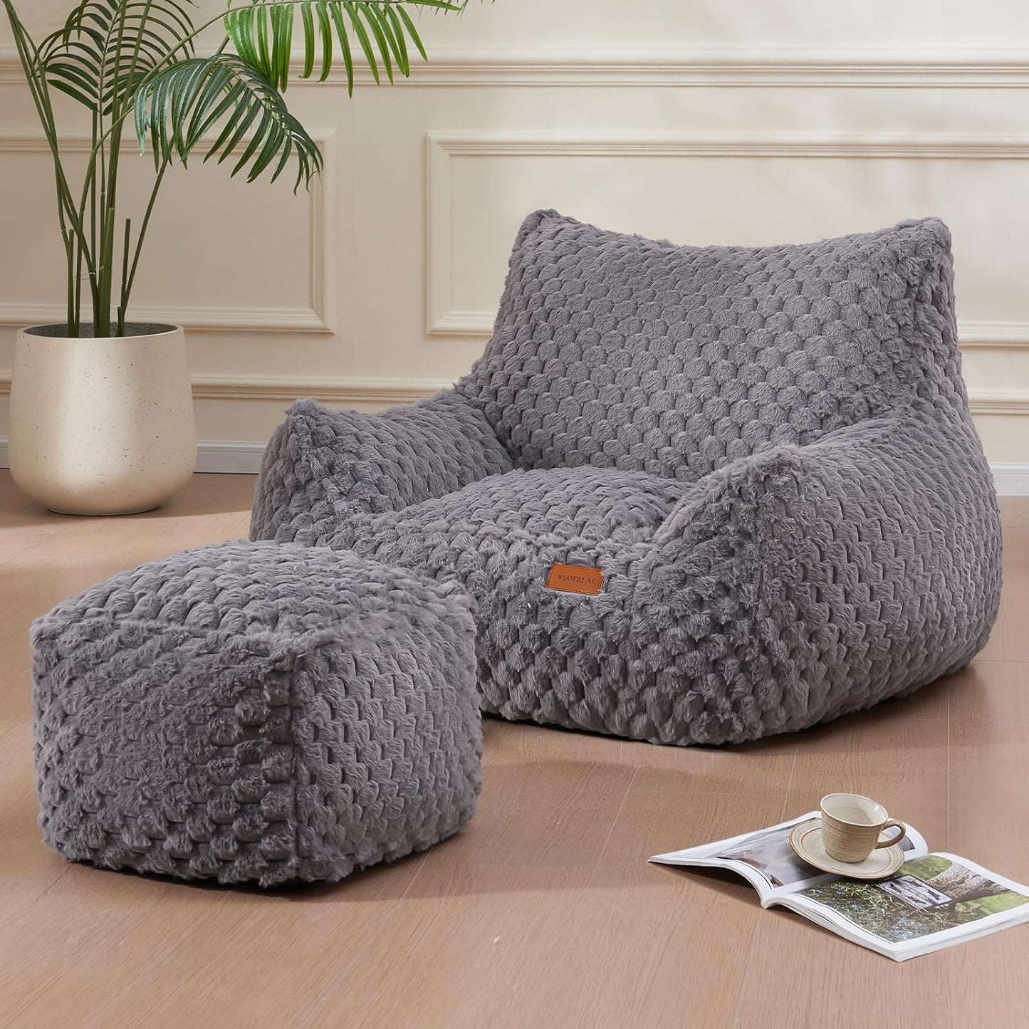 Gaming Chair Comfy Bean Bag Couch Sofa Chair for Bedroom, Modern Faux Fur Reading Bean Bag Chairs for Adults Teens, Living Room Adult Bean Bag Chair with Footrest