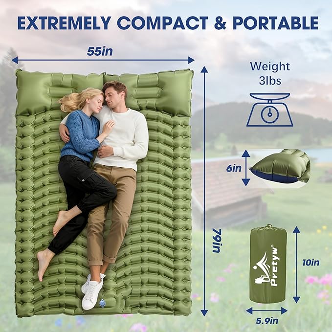 Double Sleeping Pad for Camping - Ultralight Camping Mattress with Pillow, Built-in Foot Pump, Compact Inflatable 2-Person Portable Mat for Backpacking, Hiking, Car Traveling, Beach, Tent