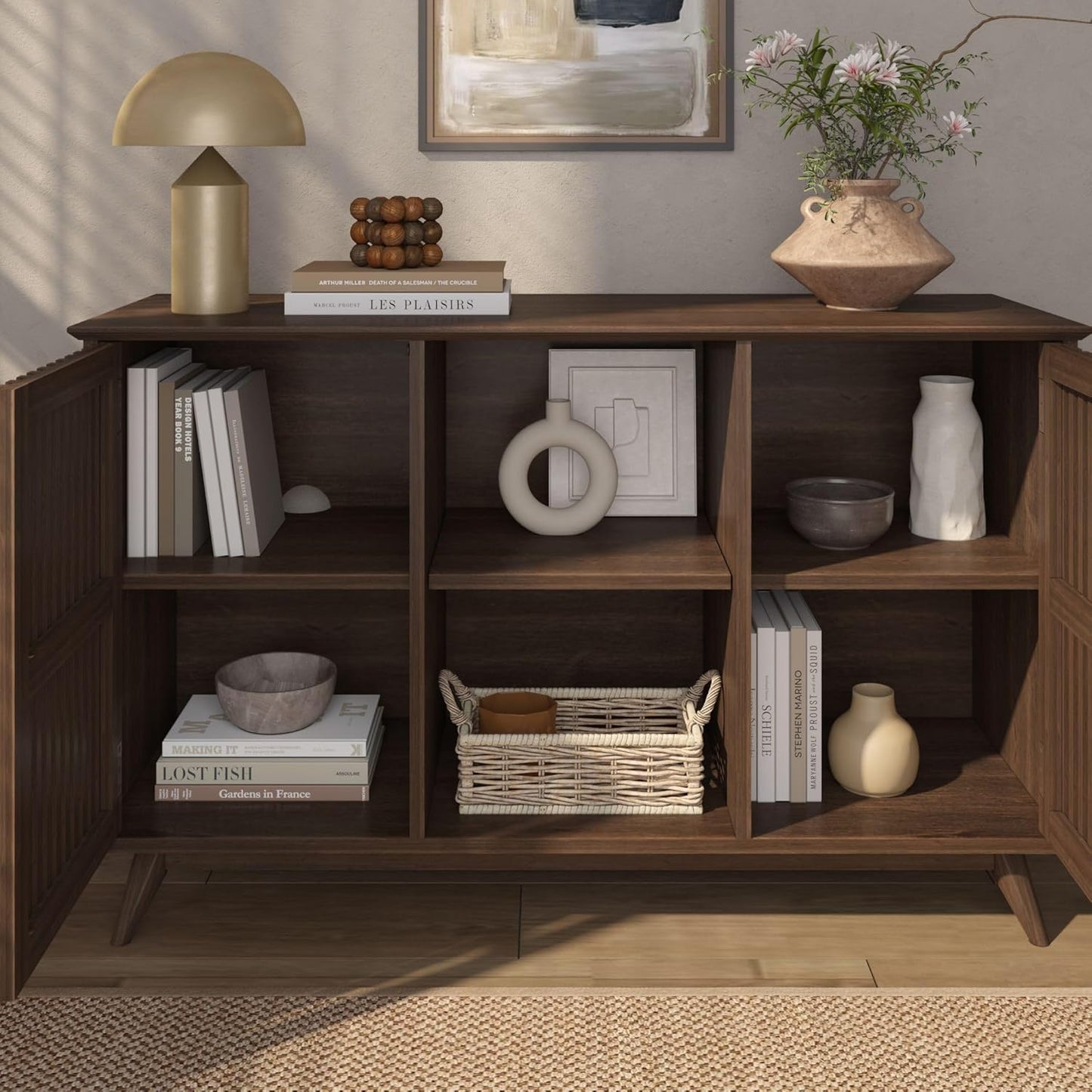 Plank+Beam Mid-Century Modern Wood TV Stand, Solid Wood Entertainment Console with Storage, 49" L x 16" W x 30" H, Walnut
