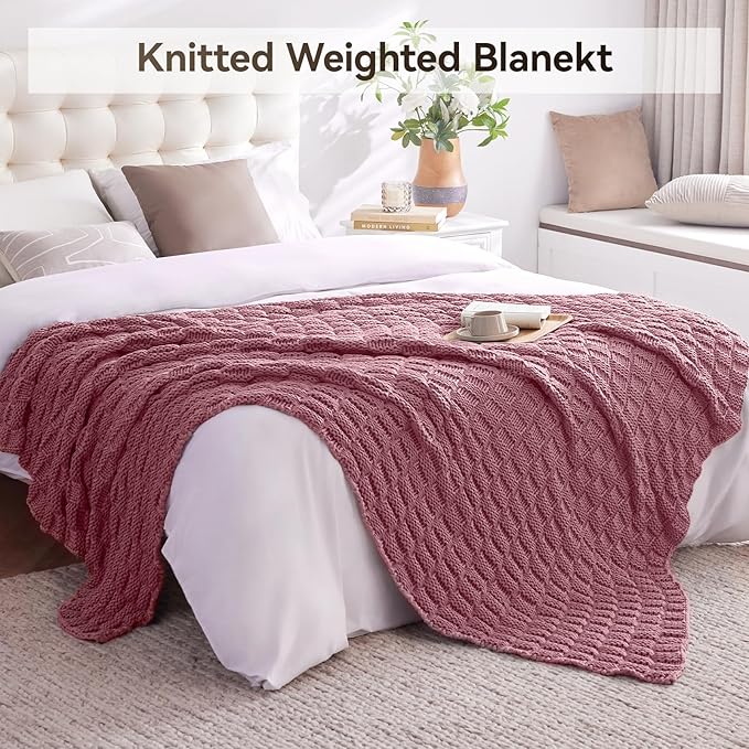 Knitted Weighted Blanket for Adult, No Beads Heavy Blanket 60” x 80'' 17lbs, Breathable Chunky Knit Blanket, Cooling Weighted Blanket for Hot Sleepers, Christmas Home Decor (Pink)