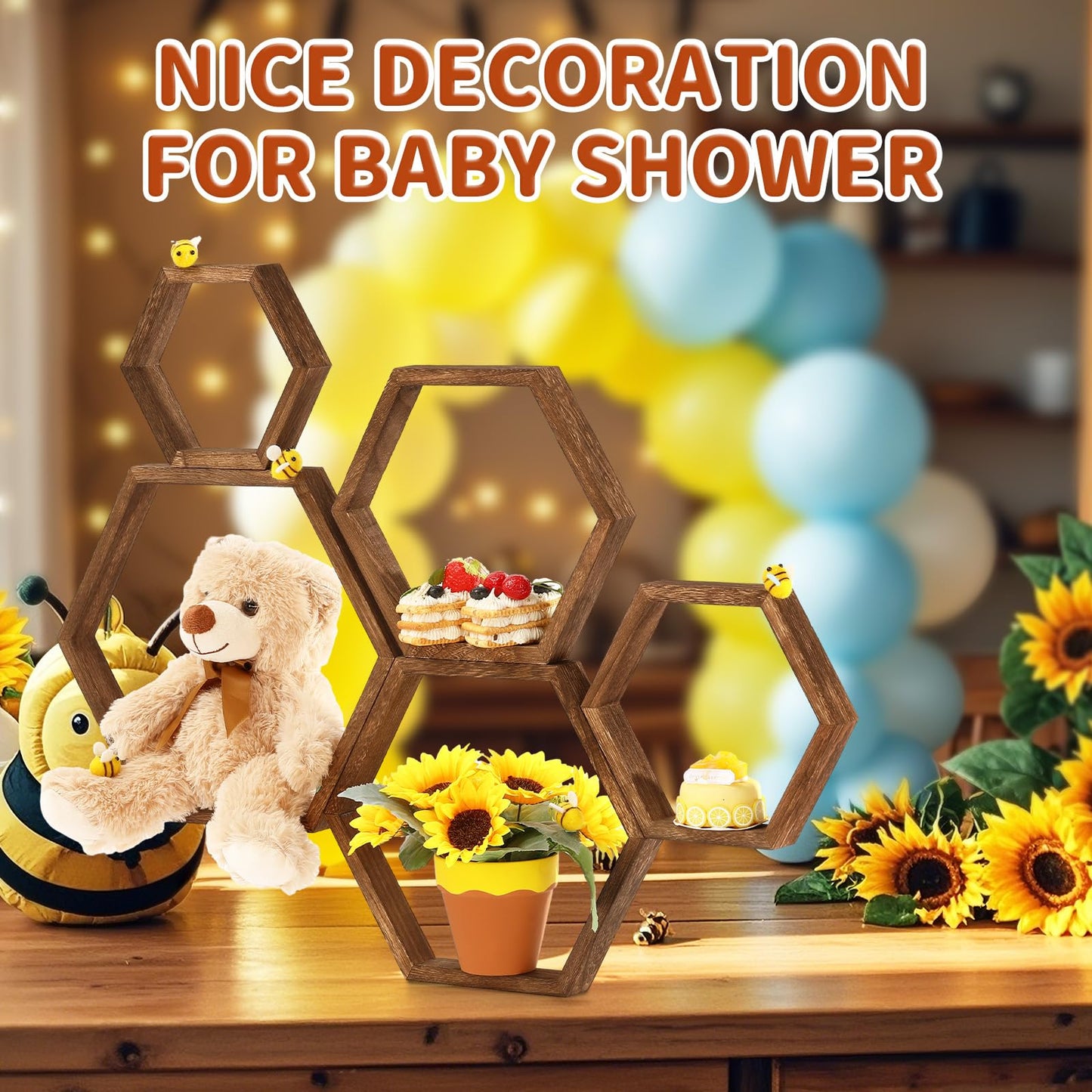 Gerrii 5 Pcs Honey Comb Decorations 5 Sizes Wood Hexagon Shelves Honeycomb Centerpiece Cupcake Stand Wooden Bee Hive Display Holder for Baby Shower Honeybee DIY Birthday Party Decor (Dark Brown)