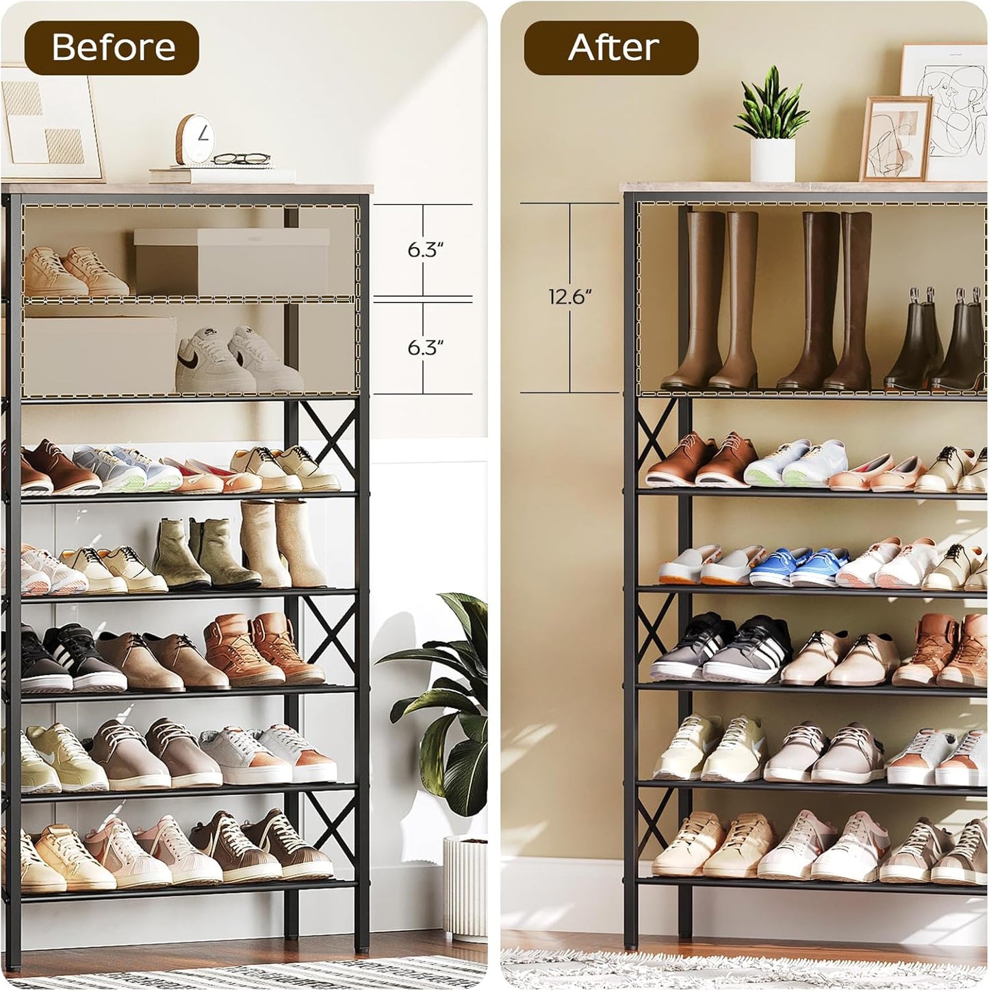 8 Tier Shoe Rack, Shoe Storage Organizer, Large Capacity Shoe Shelf Holds 32 Pairs of Shoes, Durable and Stable, for Entryway, Hallway, Closet, Dorm Room, Greige and Black SS08BG