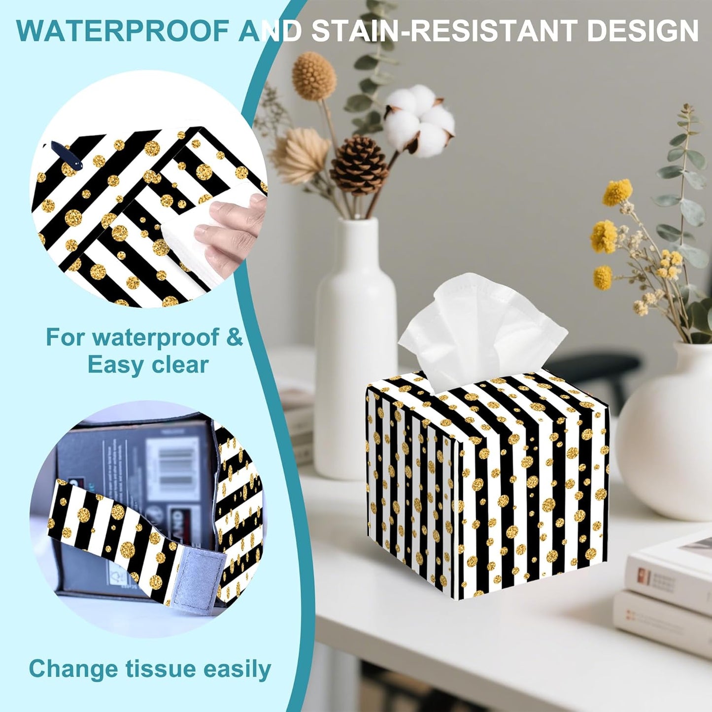 Gold Polka Dot Leather Tissue Holder,Black and White Stripes Square Tissue Box Cover,Modern Decorative Facial Tissue Cube Paper Cover for Car Bedroom Nightstand Vanity Desk Office,5.2" x 5.2" x 5.2"