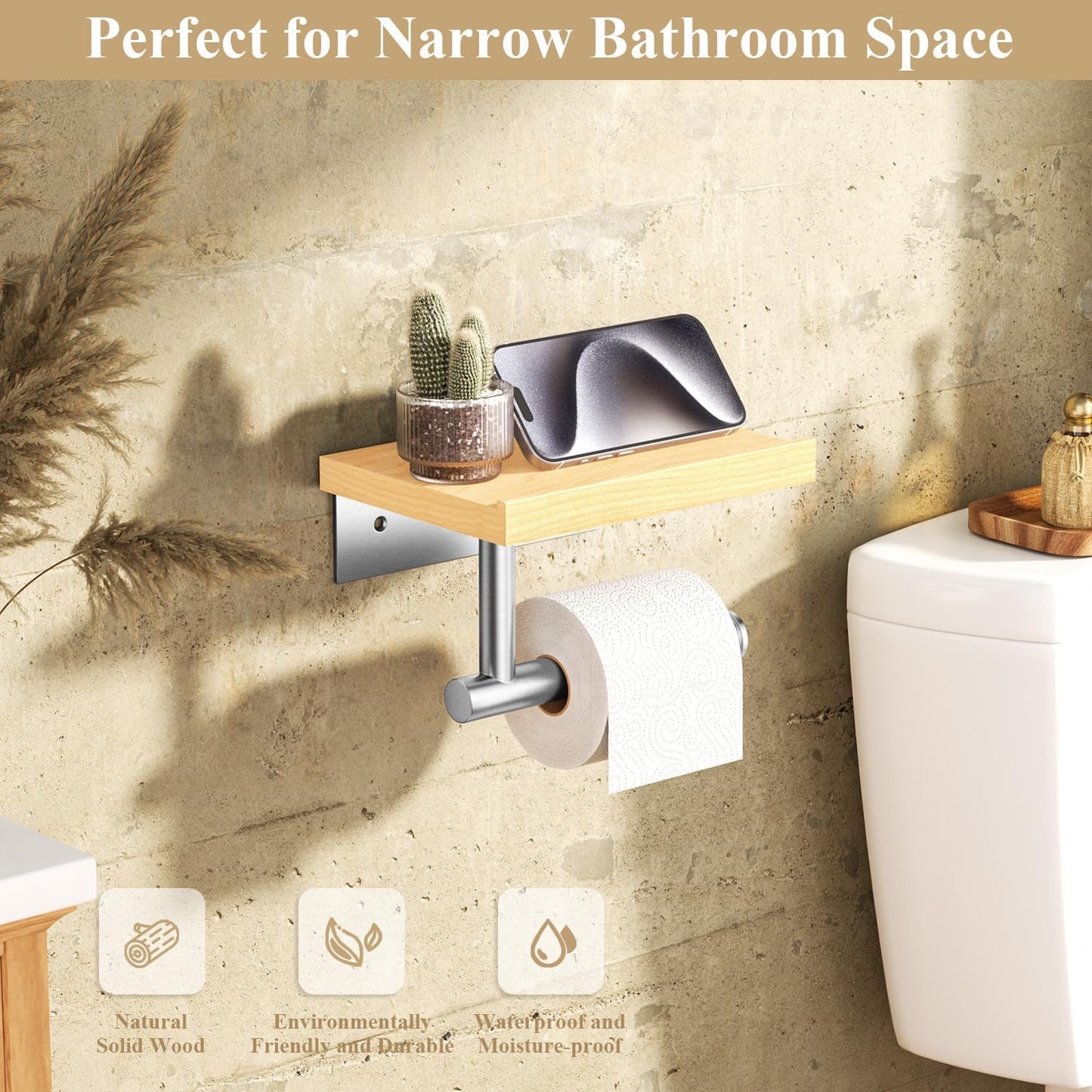 Tindbea Toilet Paper Holder with Wood Shelf, Wooden Wall Mount Tissue Paper Roll Holder, Brushed Nickel Stainless Steel Bathroom Accessories Decor for Home (Maple, Brushed Nickel)