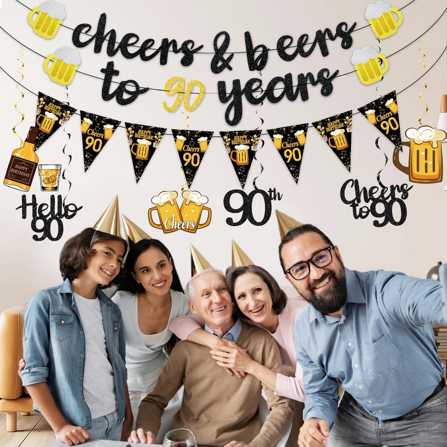 Black Gold 90th Birthday Decorations for Men Women, Glitter Pre-Strung Cheers to 90 Years Banner Hello 90 Hanging Swirls Paper Triangle Flag Banner Decorations Bday Party Supplies Kit