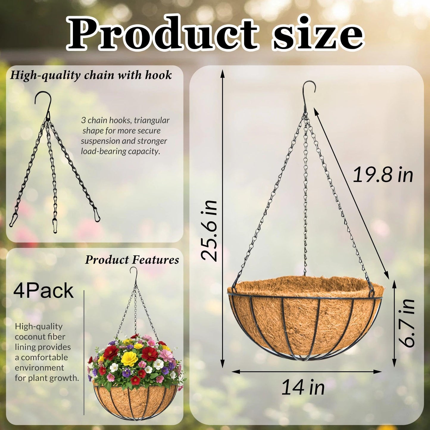 GYATSOCYG 4 Pack 14 Inch Outdoor Metal Hanging Planter Basket, Hanging Plant Flower Pot,Round Modern Flower Holder Pot Garden Accessory