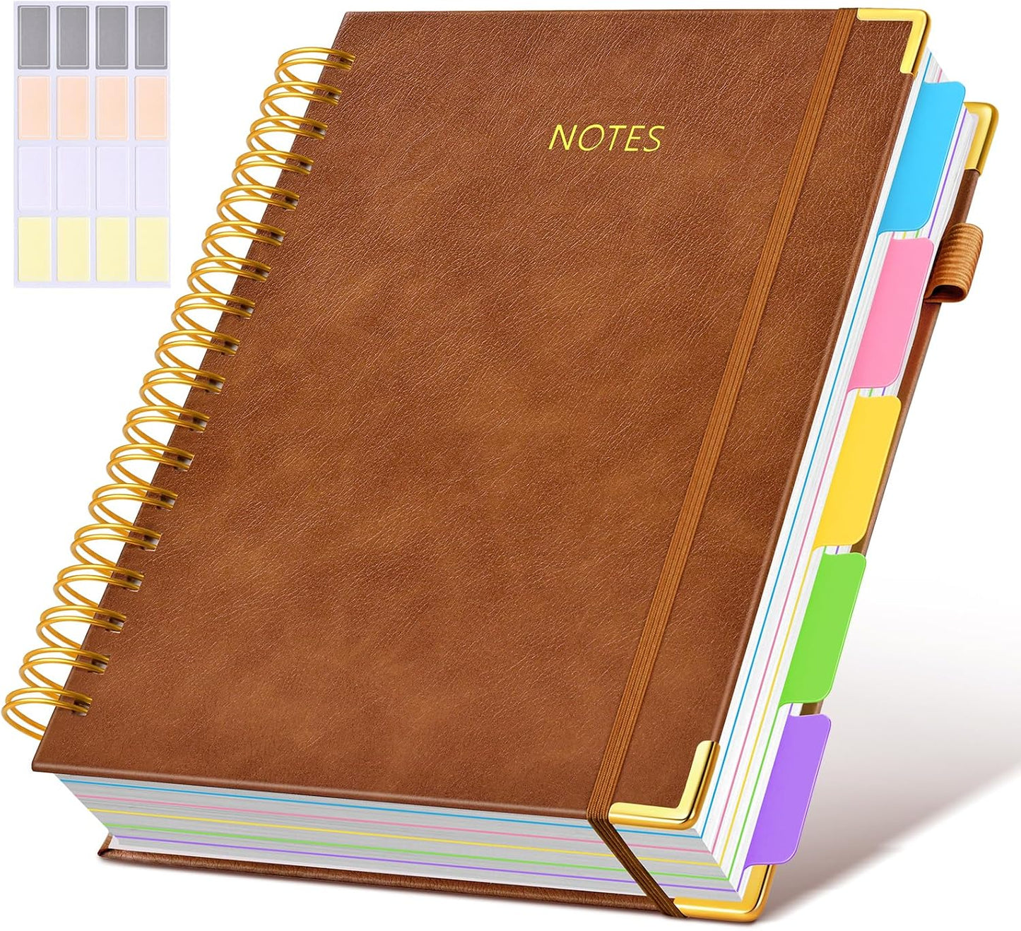 Hardcover Spiral Notebook Journal with Removable Dividers Tabs, 300 Pages Leather 5 Subject Notebook College Ruled, 8"x10" Large B5 Notebooks for Work School, Lined Journal for Men, Light Brown
