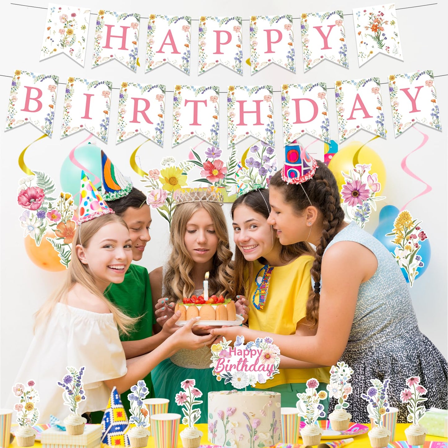 Rngmsi Wildflower Birthday Party Decorations - 35PCS Wildflower Happy Birthday Banners and Hanging Swirls Decoration for Girls Floral Cake Cupcake Toppers Party Decor Flower Theme Supplies for Women