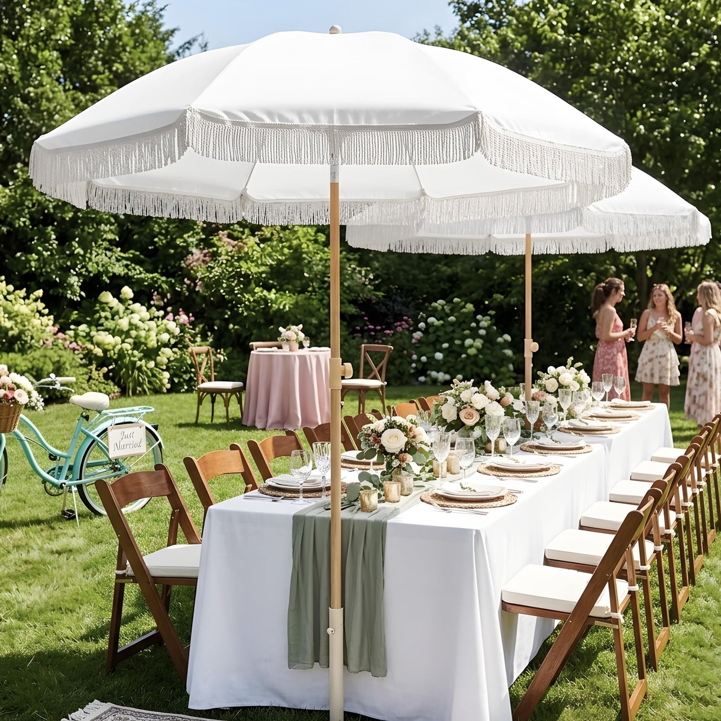 Kbrellaoutlets 7FT Boho Patio Umberlla with Fringe,UPF50+ Outdoor Umbrella with 8 Fiberglass Ribs and Push Button Tilt,Tassels Umbrella for Beach,Terrace,Picnic (Cream)