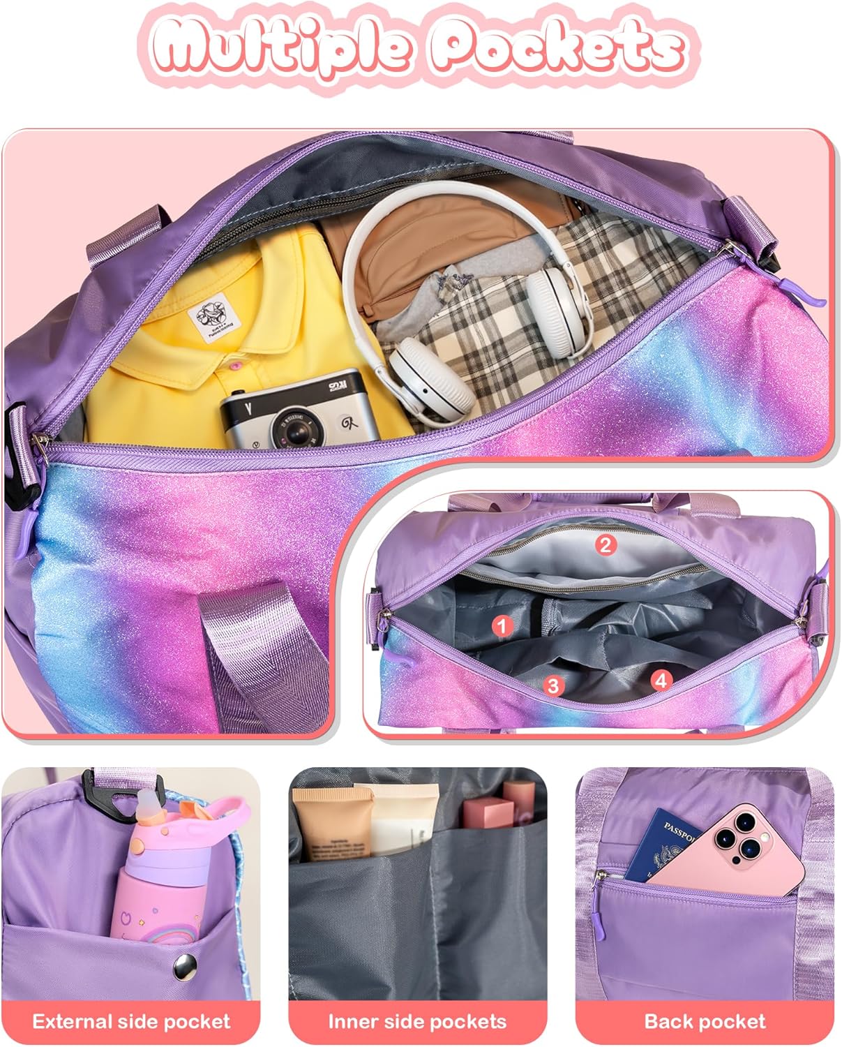Gifts for 3 4 5 6 7 8 9 10 Year Old Girls-Girl Gym Bag with Shoe Compartment, Kid Personalized Weekender Overnight Bags, Initial Travel Tote with Makeup Pouch, Graduation Gift (Letter M)