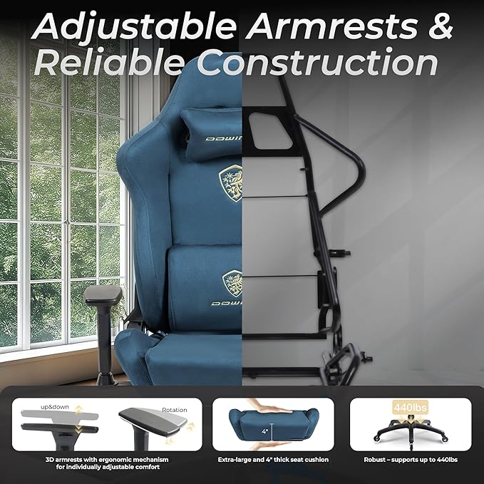 Dowinx Big and Tall Gaming Chair with Suede Fabric Breathable, Game Chairs for Adults with Oversized Thick Seat for 440lbs, Ergonomic Gamer Chair for Streaming & Long Gaming Sessions, Blue