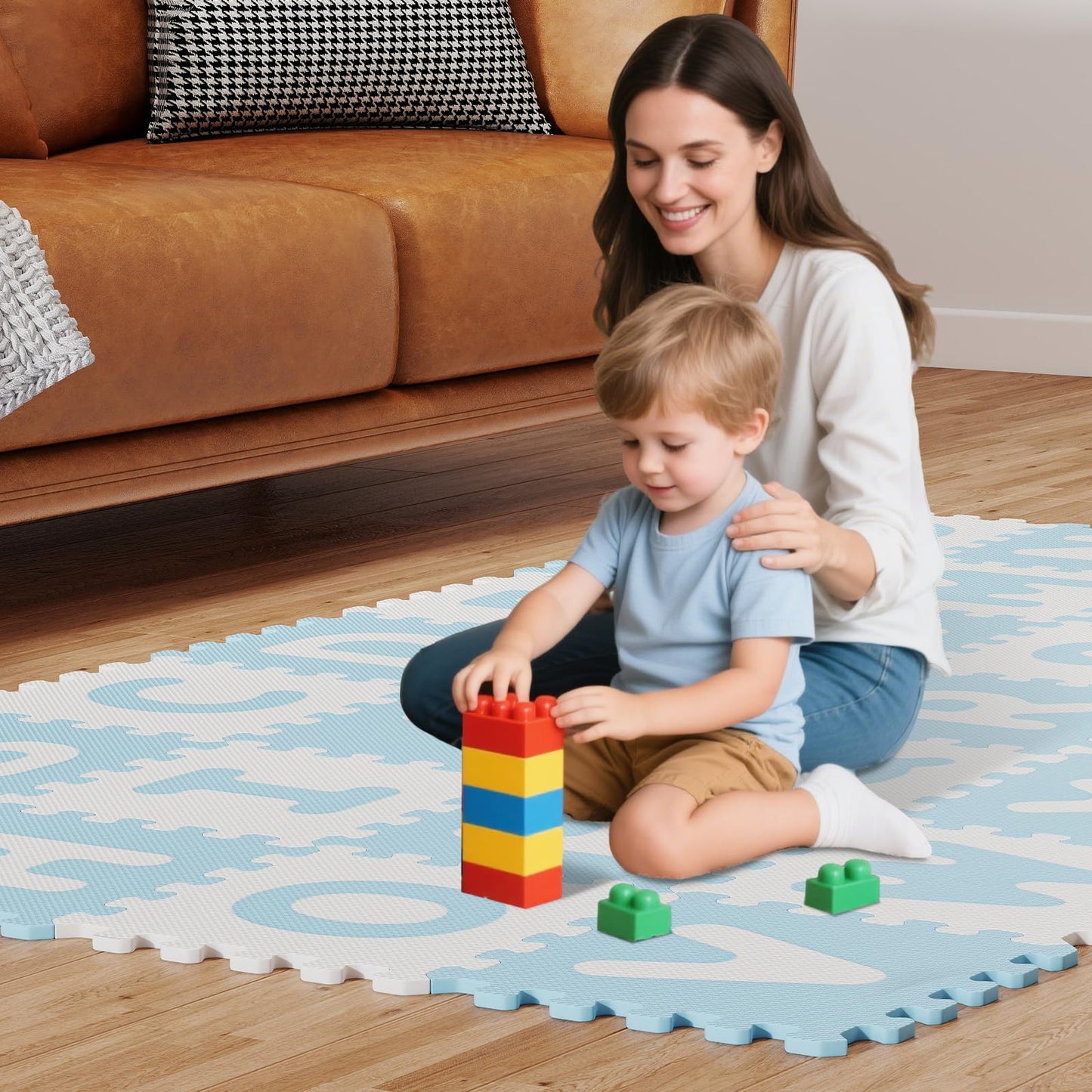 HONEY JOY Foam Floor Tiles for Kids, 12.5” x 12.5” EVA 26-Piece Interlocking Alphabet Puzzle Play Mat, Non-Slip Large Soft Carpet Rug, Easy to Clean, for Baby Crawling Exercise, Playroom (Blue)