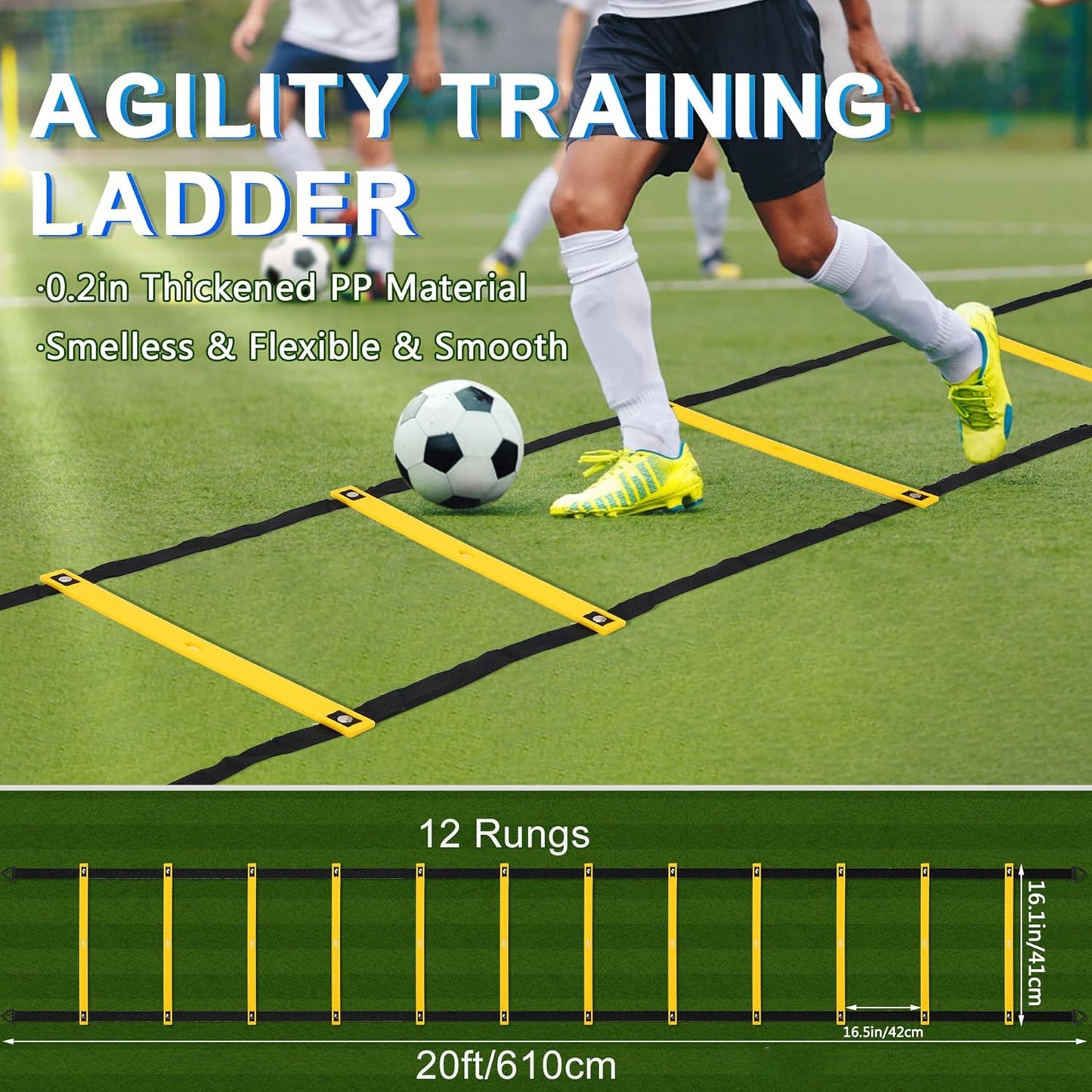 Fixed Rung Agility Ladder - 20ft 12 Rungs No Tangle Speed and Agility Training Equipment for Soccer Footwork Training with Carrying Bag/Ground Stakes for Adults Youth Kids