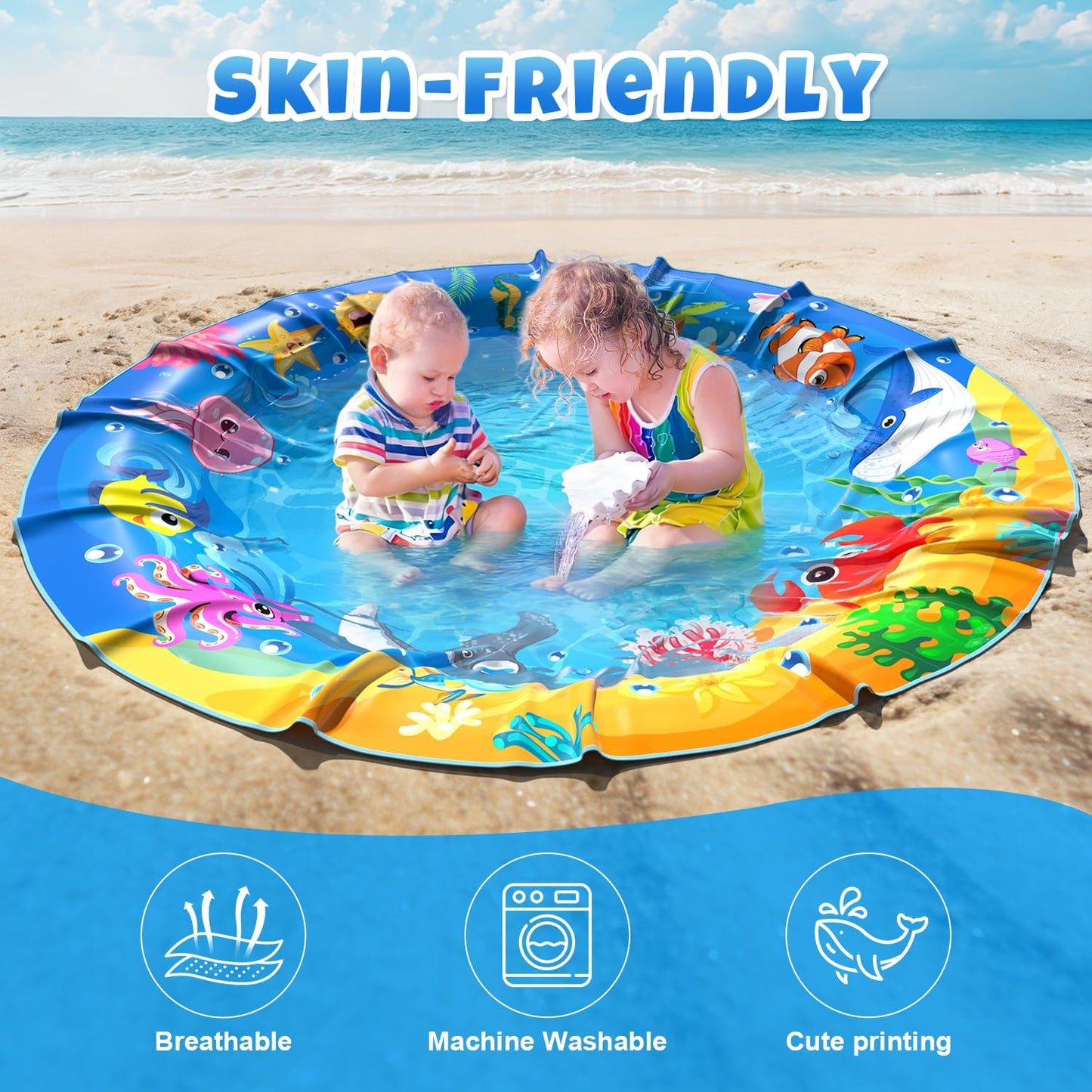 4.9 X 4.9 Feet Baby Beach Pool, Waterproof Beach Pool Blanket for Toddler, 2 in 1 Toddler Paddling Pool with Carrying Bag, Collapsible Beach Puddle Mat for Boys Girls Kids Infant Outdoor Beach Toys