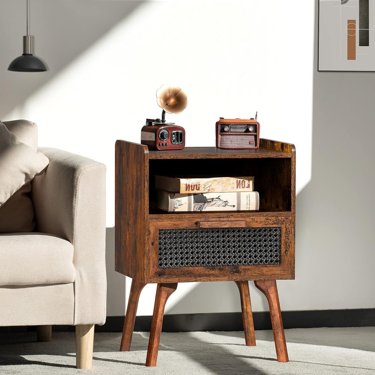 Lerliuo Rattan Nightstand, Boho Side Table with Drawer Open Shelf, Cane Accent Bedside End Table with Solid Wood Legs for Bedroom, Dorm and Small Spaces (Brown)
