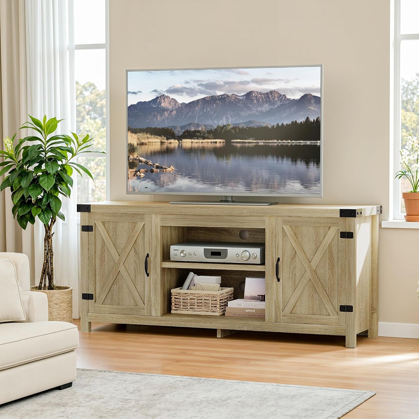 YESHOMY Modern Farmhouse TV Stand with Two Barn Doors and Storage Cabinets for Televisions up to 65+ Inch,Entertainment Center Console Table,Media Furniture for Living Room,Yellow Oak