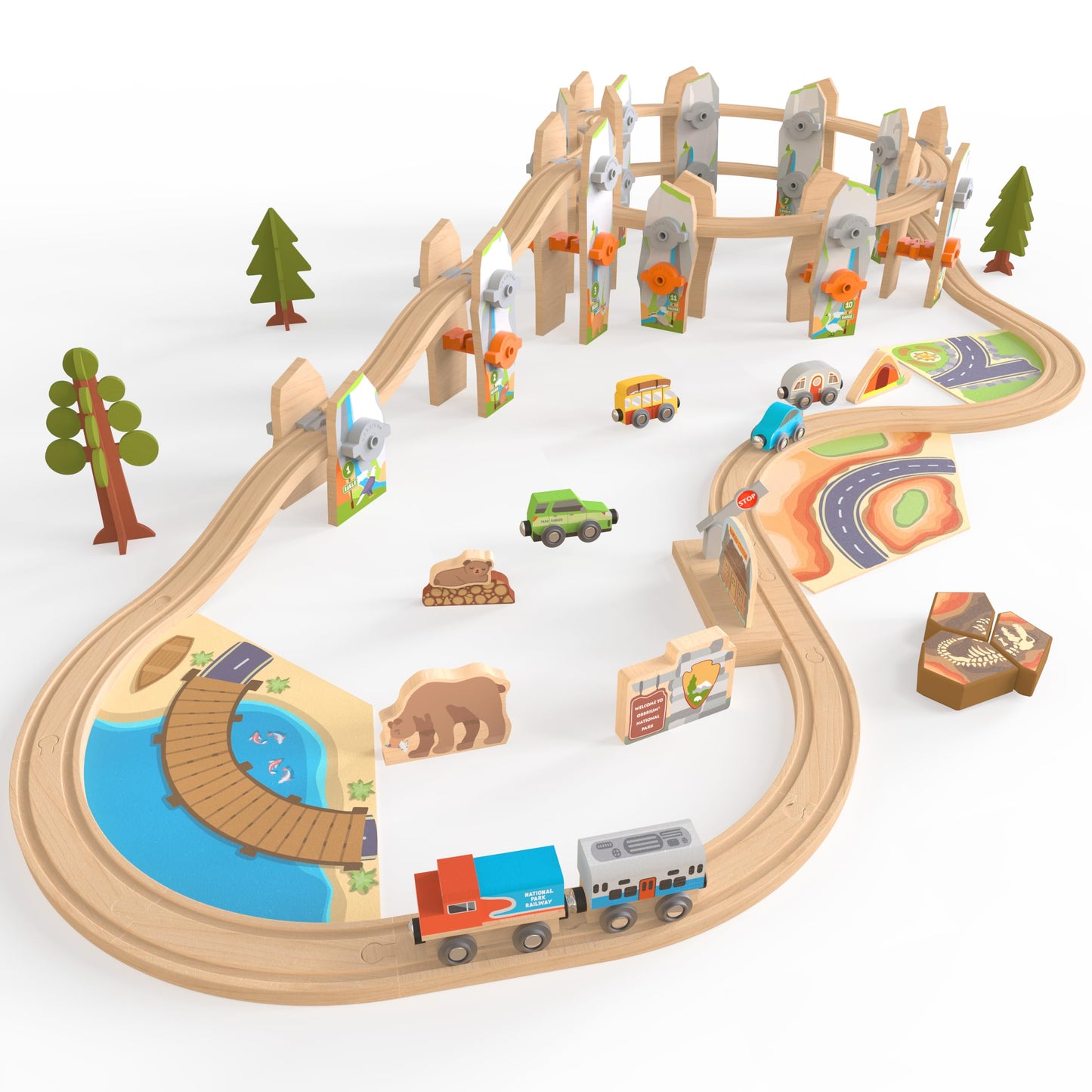 Wooden Train Set 141 Pc Build and Play Elevated Track System STEAM Accredited National Park Animal Railway Multi Level Spiral STEM Toy Gift for Grandkids Kids Toddlers Compatible Thomas Brio Railway