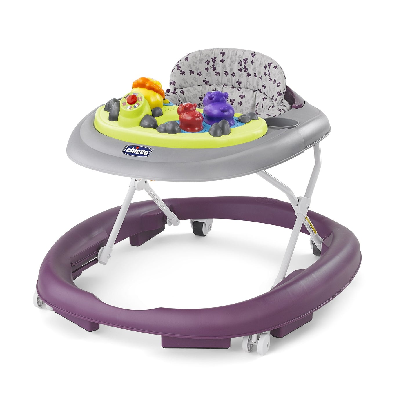 Chicco Walky Talky Foldable Baby Walker, Multilingual Play Tray with Music and Lights, 3 Height Adjustments, Brake Pads, for Children up to 26 lbs., Compact Fold, Flora/Purple/Grey