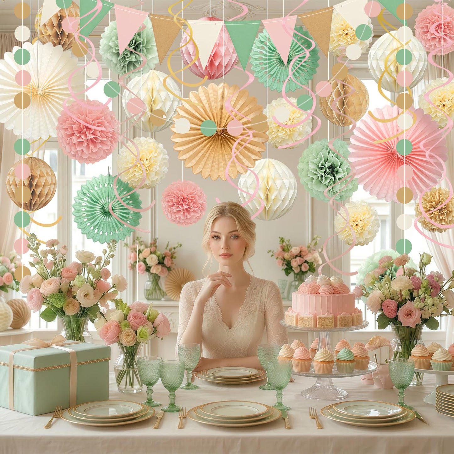 Ycitusi 33Pcs Boho Party Decorations | Sage Green & Peach Pink Photo Backdrop Set | Paper Fans, Tissue Pom Poms, Honeycomb Balls Garlands for Woodland Birthday, Neutral Baby Shower, Rustic Wedding