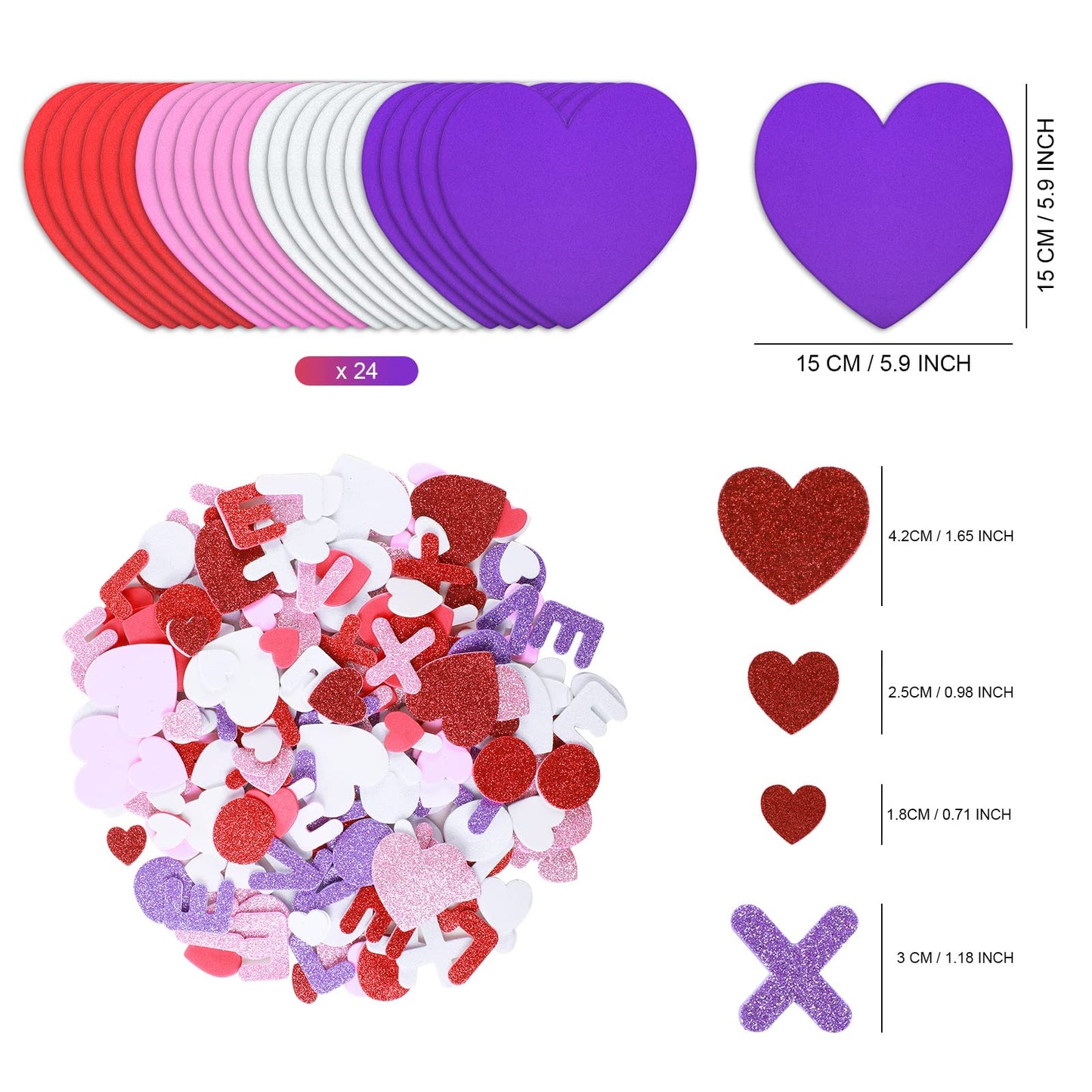 24 Sets Valentine's Day Large Foam Hearts for Crafts 6 Inch Self Adhesive Foam Stickers Hearts Shape for Valentines Day DIY Party Favors Decorations Teacher Supplies