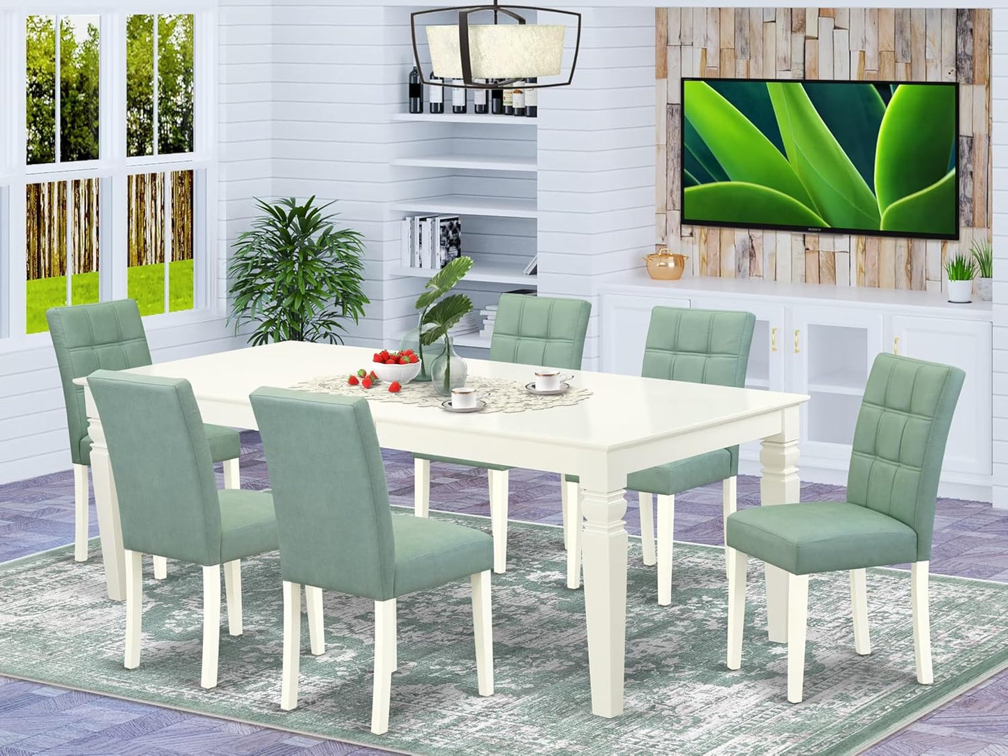 East West Furniture LGAS7-LWH-43 7 Piece Dining Set Contain A Mid Century Table and 6 Willow Green Polyester Fabric Mid Century Modern Dining Chairs, Linen White