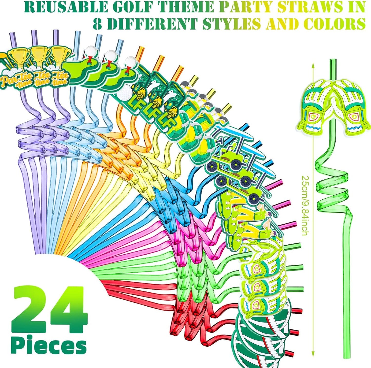 Eaasty 24 Pcs Golf Party Favors Twisty Golf Straws Par Tee Plastic Reusable Drinking Straws for Birthday Baby Shower Retirement Sport Themed Party Supplies, 8 Styles 8 Colors