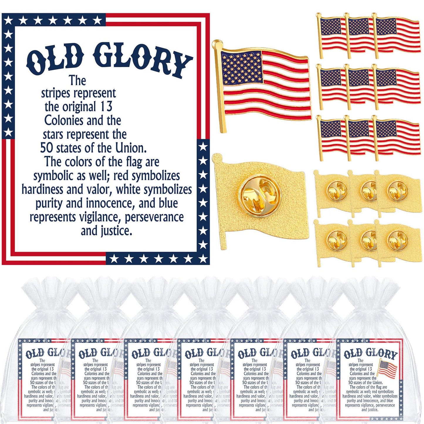 Landical 60 Pcs/30 Sets 250th Anniversary Memorial Day Pins Gifts Bulk Patriotic American Flag Pins with Old Glory Cards and Bags for 4th of July Independence Veterans Day Party Favor Supplies Gifts