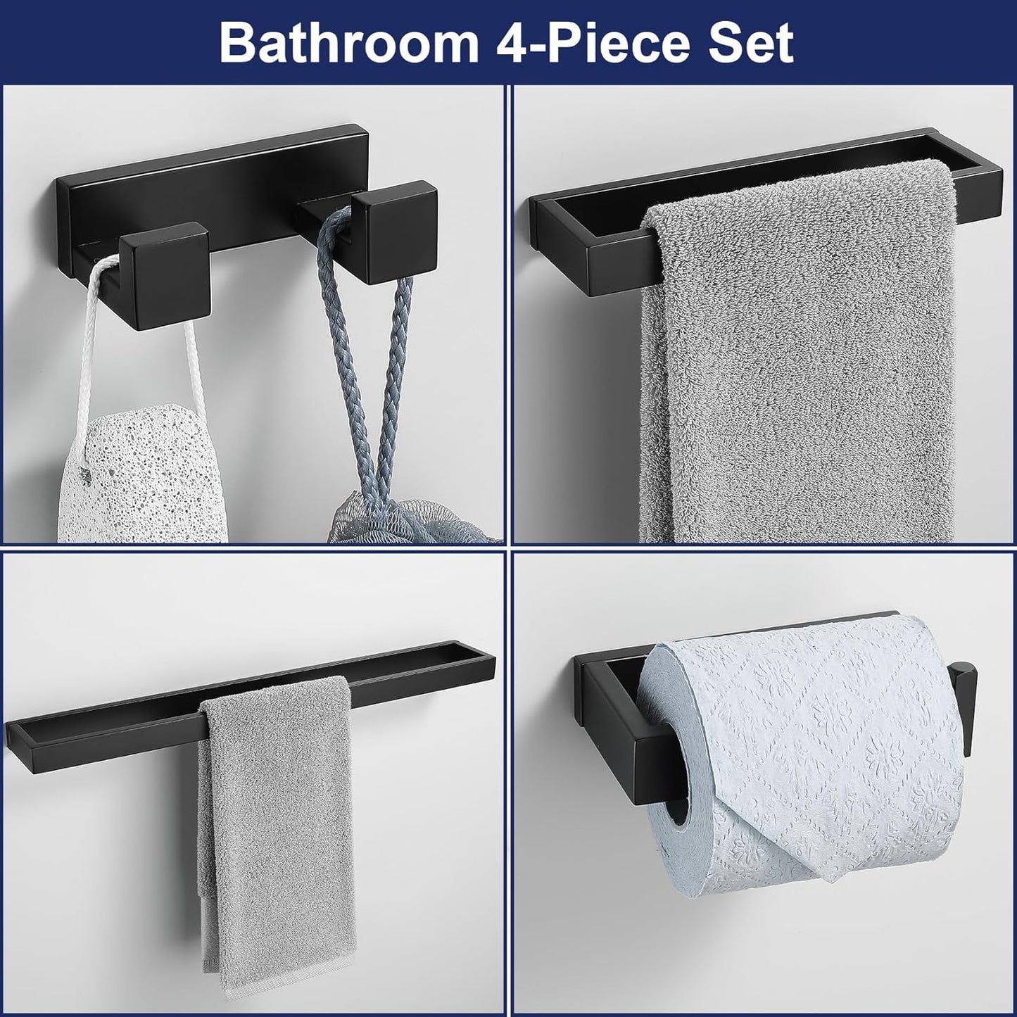 Lairuier 4-Piece Bath Towel Bar Set, Matte Black Bathroom Hardware Set Including Towel Bar,Towel Holder, Toilet Paper Holder, Towel Hook,Stainless Steel Bathroom Hardware Accessories Set