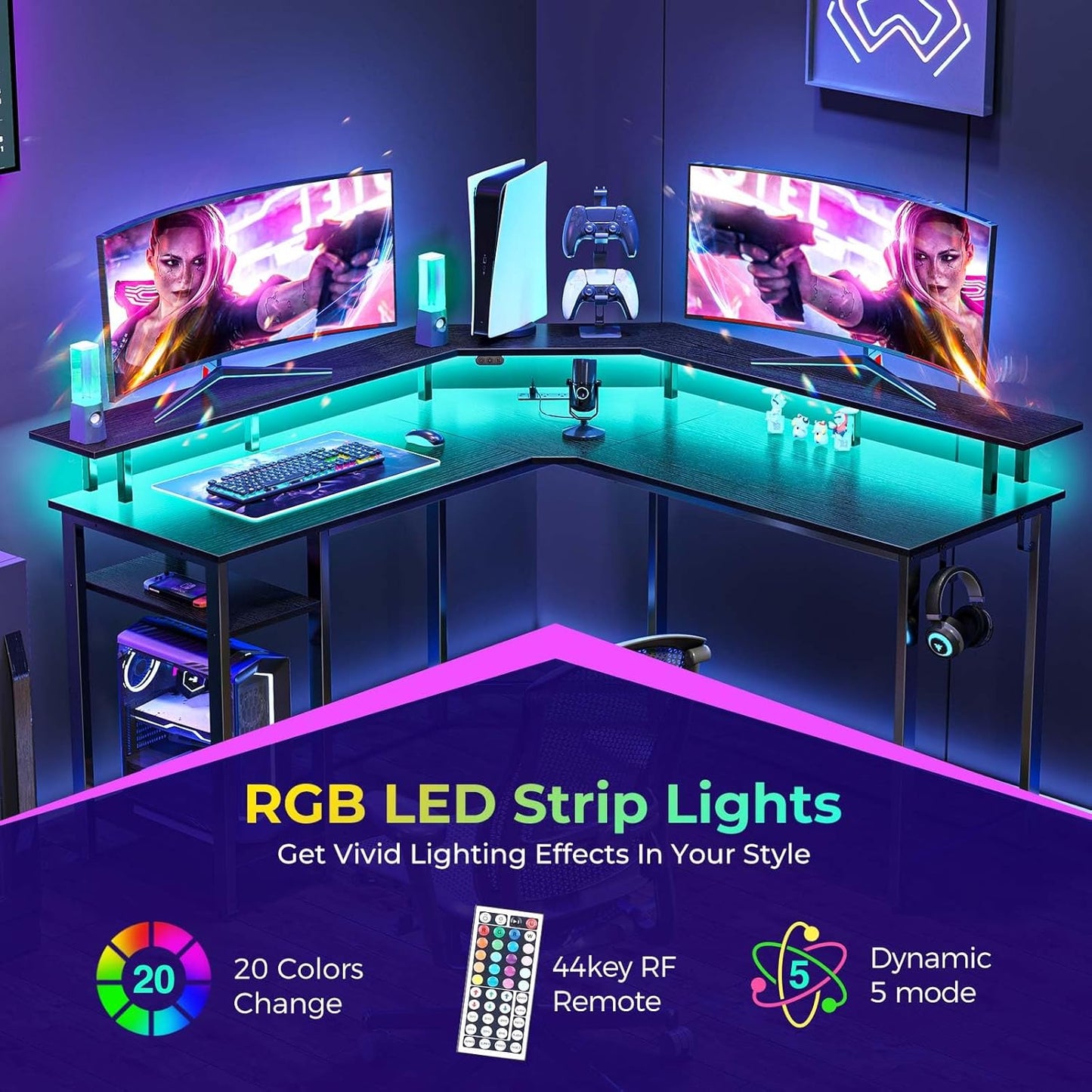 Rolanstar L Shaped Gaming Desk with LED Lights & Power Outlets, 53" Computer Desk with Full Monitor Stand & Storage Shelf, Corner Desk with Hooks, Carbon Fiber Desk Reversible