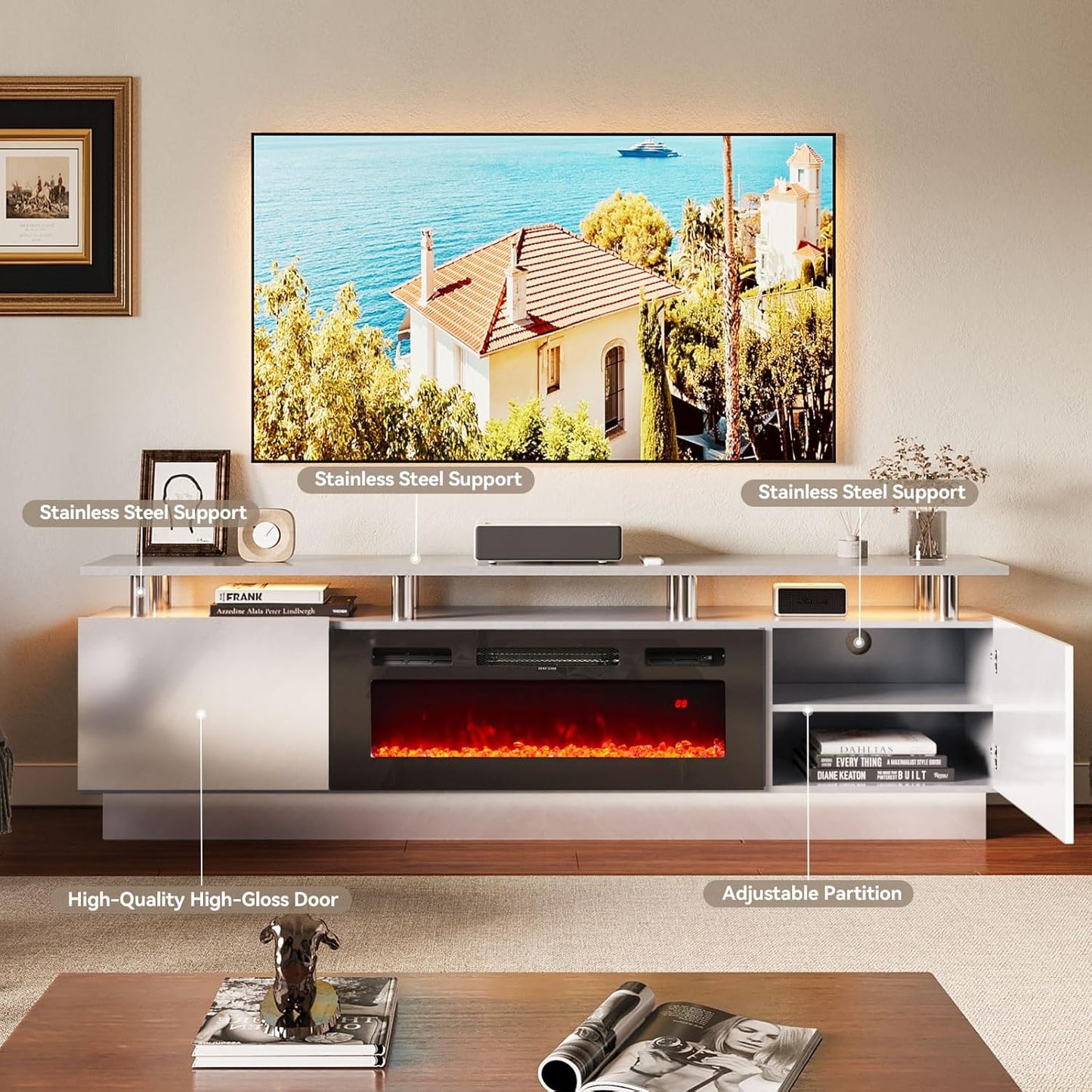 80" TV Stand & Entertainment Center, Media Console with Storage Cabinet, Fits TVs up to 90", Modern Living Room Furniture, 36" Electric Fireplace (Grey+Black)