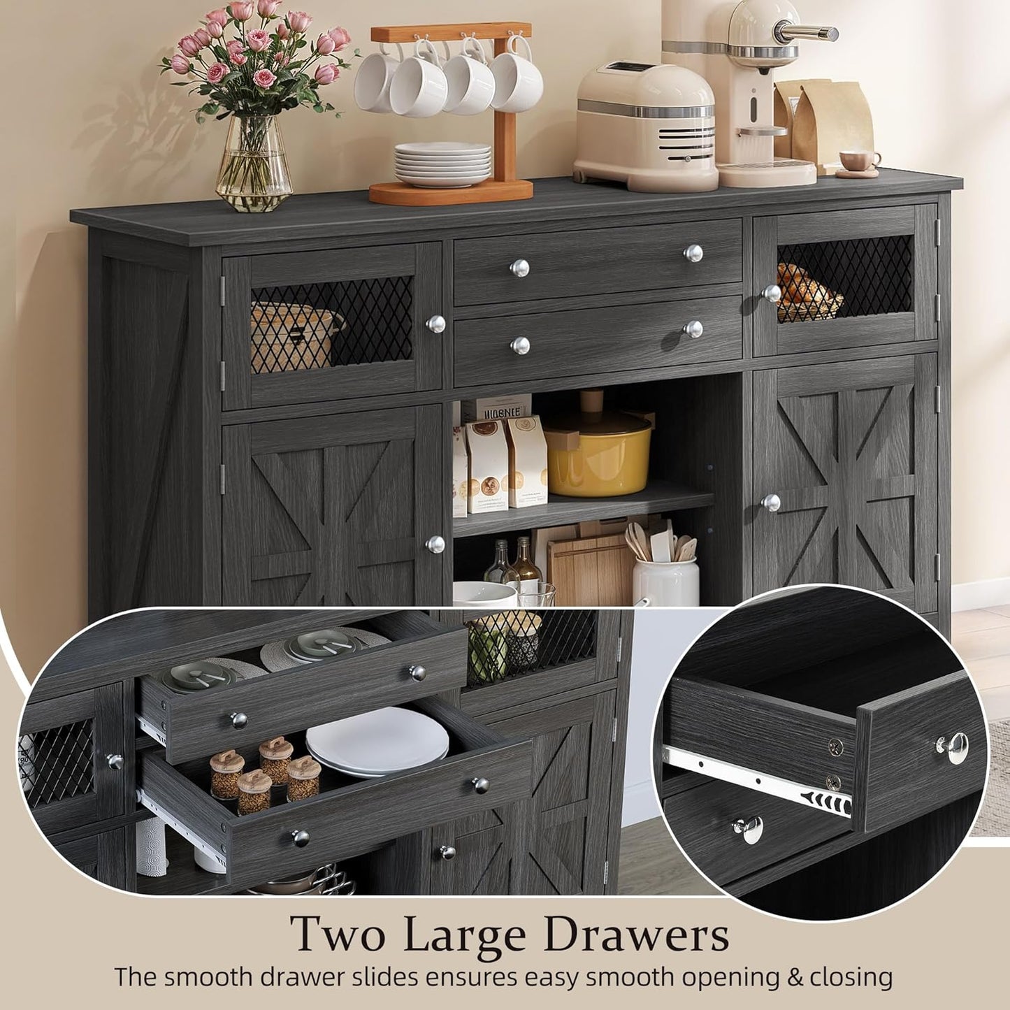 YITAHOME Farmhouse TV Stand for TVs up to 65", 59" Entertainment Center with 2 Large Drawers & Visual Grid Door, Rustic TV Media Console for Living Room, Dark Grey