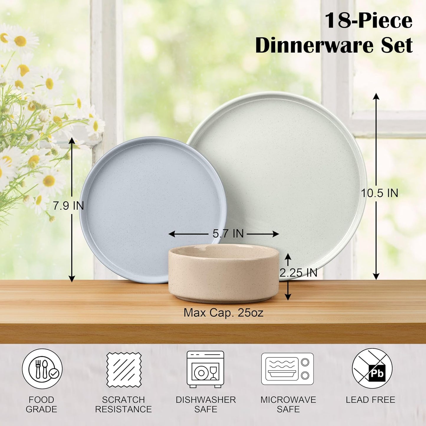 E-far Dinnerware Sets for 6, 18-Piece Stoneware Plates and Bowls Dish Set, Modern Kitchen Dinning Dishware, Chip and Scratch Resistant, Microwave & Dishwasher Safe, Speckled Multicolor
