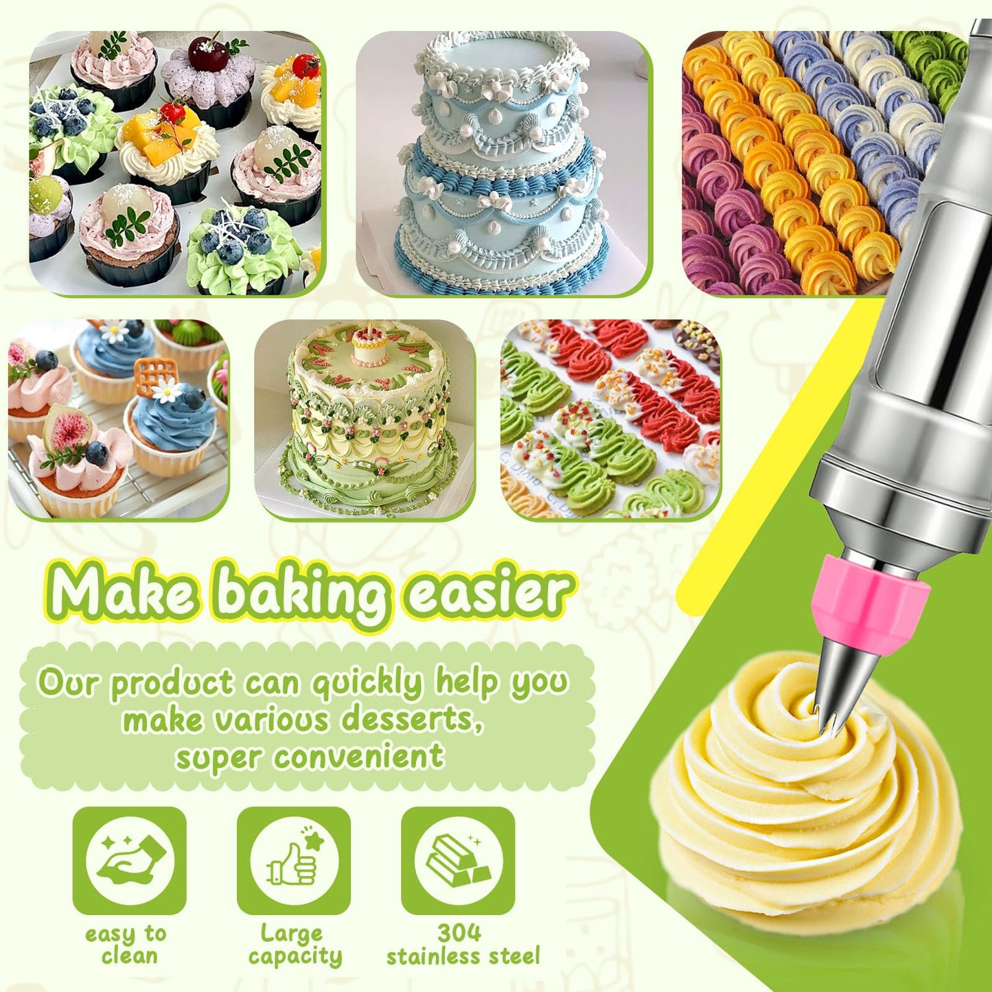 Hendiy Dessert Decorating Syringe Set, Stainless Steel Frosting Piping Kit Cake Decorating Kit with 6 Piping Tips & 9 Silicone Cupcakes, Cupcake Decorating Kit Piping Bags and Tips Set