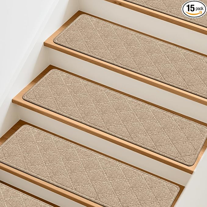 Stair Treads Non-Slip for Wooden Steps, 15Pack - 8" x 30" Edging Stair Runner Indoor for Kids Elders & Pets, Washable Carpet Stair Treads with Peel & Stick Reusable TPE Backing, Beige