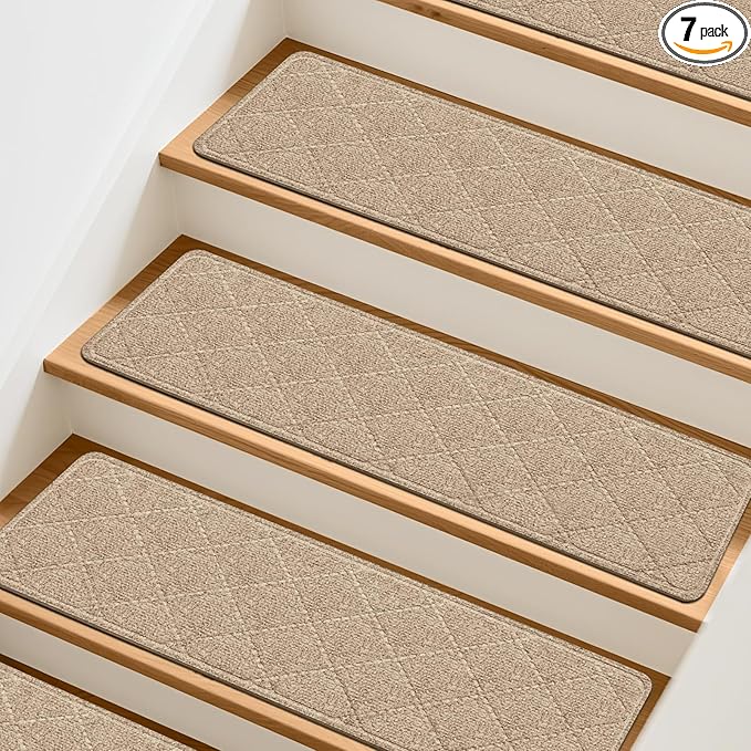 Stair Treads Non-Slip for Wooden Steps, 7Pack - 8" x 30" Edging Stair Runner Indoor for Kids Elders & Pets, Washable Carpet Stair Treads with Peel & Stick Reusable TPE Backing, Beige