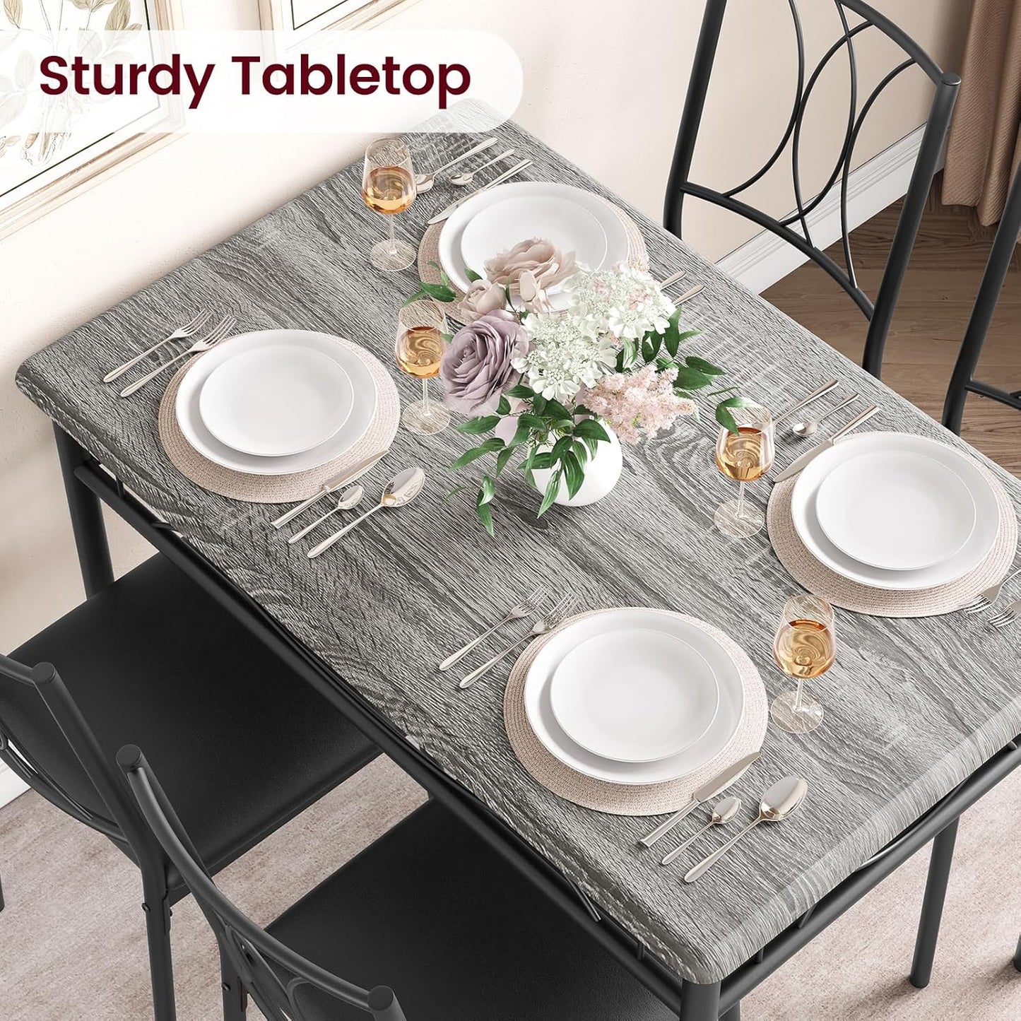IDEALHOUSE Dining Table Set for 4, Kitchen Table and Chairs Set for 4, Rectangular Kitchen Table Set, 5 Piece Small Dining Table Set with Upholstered Chairs for Apartment, Small Space, Retro Gray