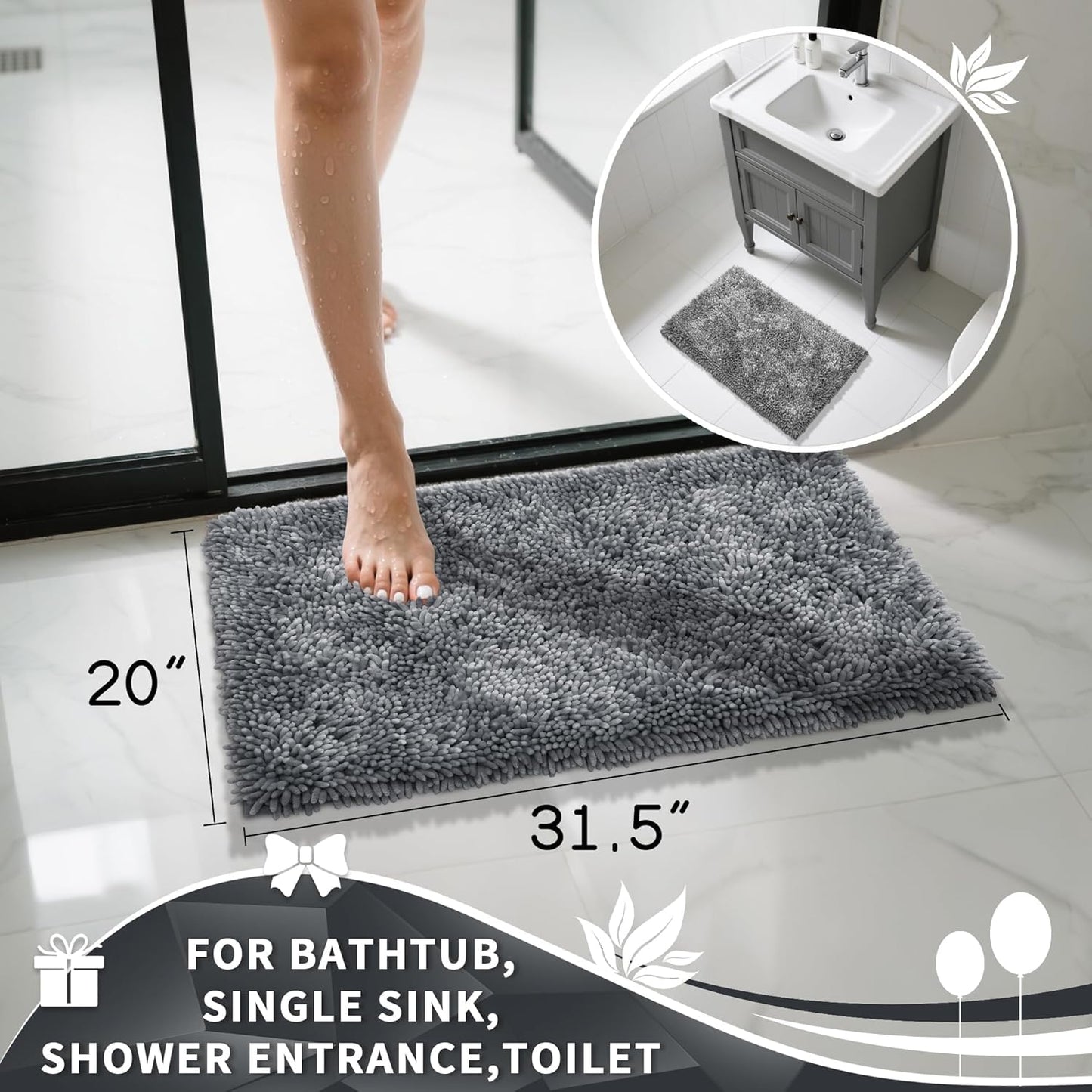 Yimobra Chenille Bathroom Rugs Non Slip, Extra Thick Soft Absorbent Bath Rug 31.5x20 Inch, Machine Washable Quick Dry Bath Mat for Bathroom Floor, Tub and Shower, Home Decor Accessories, Silver