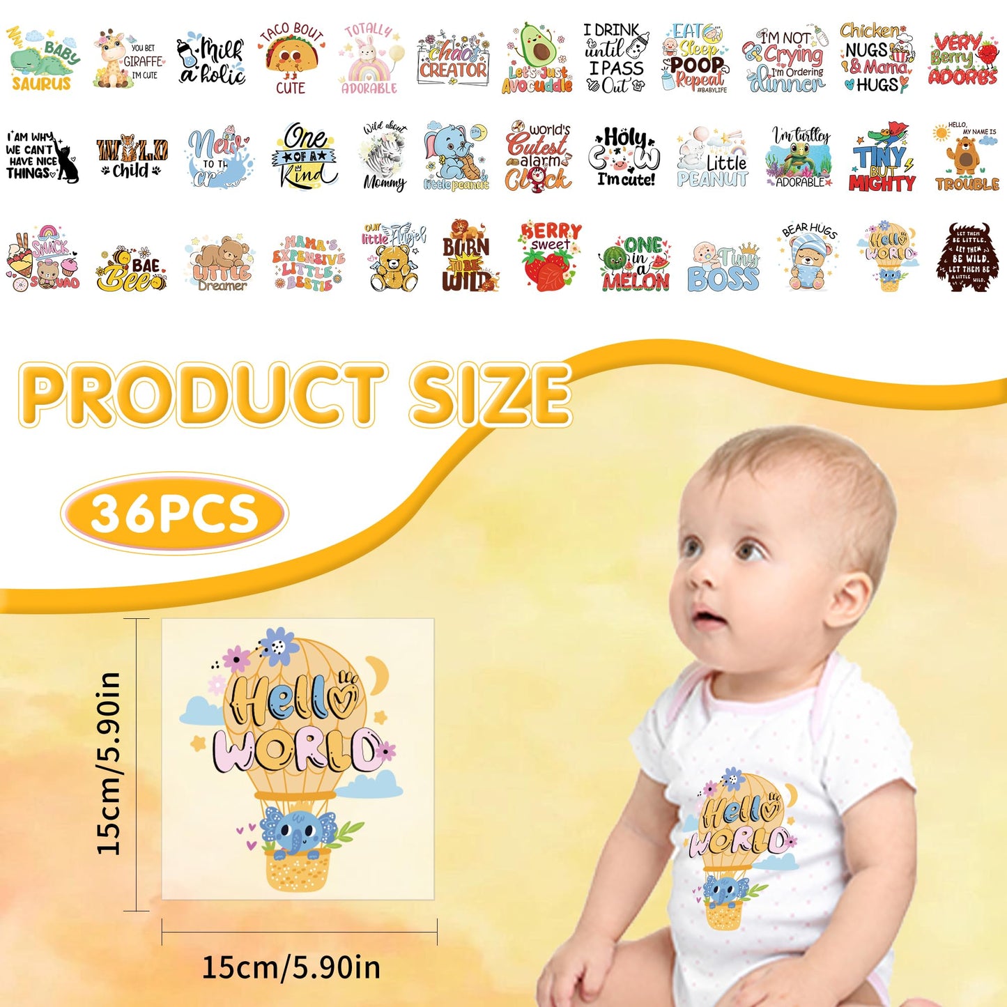 Baby Iron on Transfers, 36 PCS Onesie Decorating Kit Baby Shower, Cute Animal Heat Transfer Stickers, Gender Reveal Patch, Iron on Decals for T Shirts Hoodie Bibs Bodysuit Clothing DIY Crafts