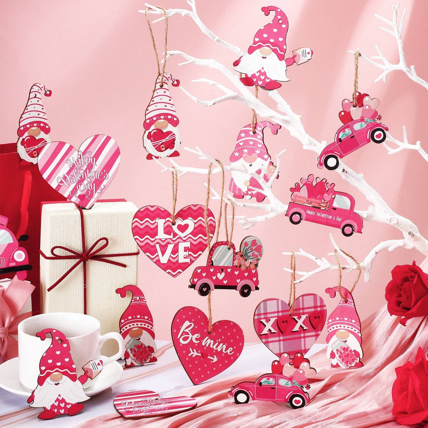 Qunclay 36 Pcs Valentine's Ornaments Valentines Wooden Hanging Gnome Ornaments Pink Romantic Wall Decor Pink Truck Decoration Pickup Truck Decoration for Anniversary