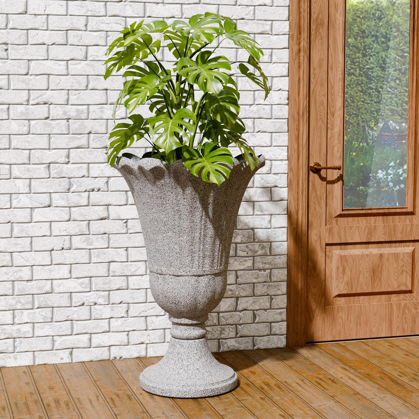 Trygoal 23.6" Tall Plastic Urn Planters for Outdoor Plants with Drainage Holes & Petal Design, Set of 2 Sturdy Base Classic Indoor Large Flower Pots, Outdoor Planters for Porch/Home, Yellow Beige