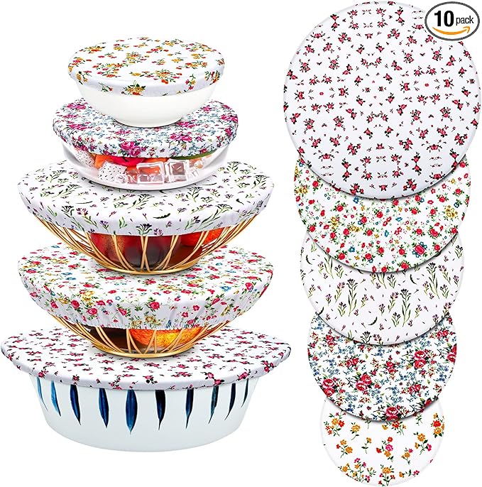 Patelai 10 Pcs Bowl Covers Reusable in 5 Size Stretch Cloth Fabric Elastic Food Storage Bowl Covers Bread Sourdough Lids for Proofing Food Fruits Leftover(Red, Green, Yellow,Flowers Style)