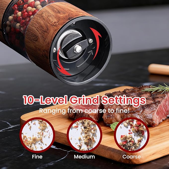 Rechargeable Electric Salt and Pepper Grinder Set – Automatic Salt and Pepper Shakers with Wood Base, Adjustable Coarseness, LED Light, One-Hand Operation Salt and Pepper Shakers Set