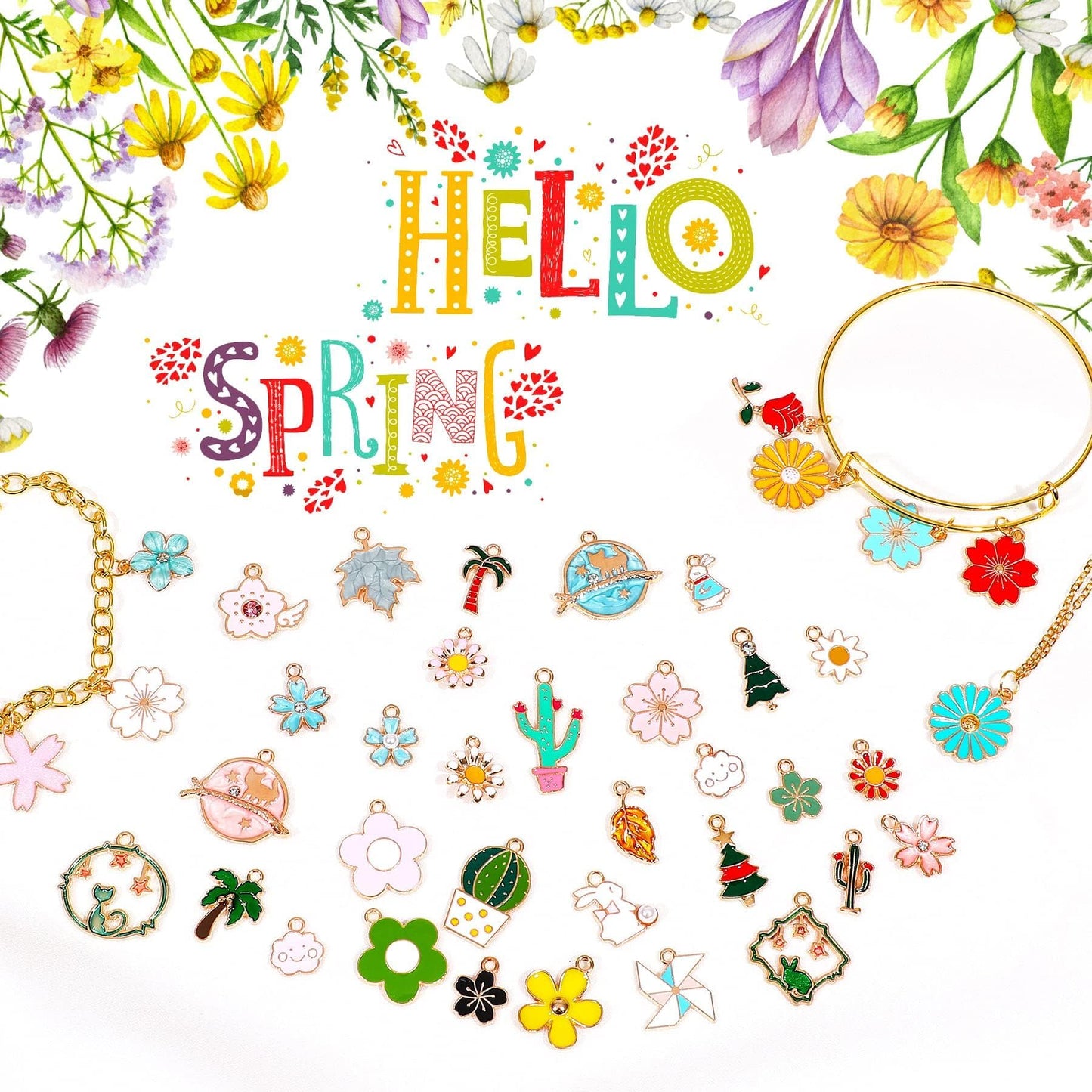 MARFOREVER 120 Pcs Spring Summer Floral Themed Charms, Flower Charms for Jewelry Making, Assorted Gold Enamel Charm Pendants for DIY Necklace Bracelet Earrings Supplies Gifts for Mom Women