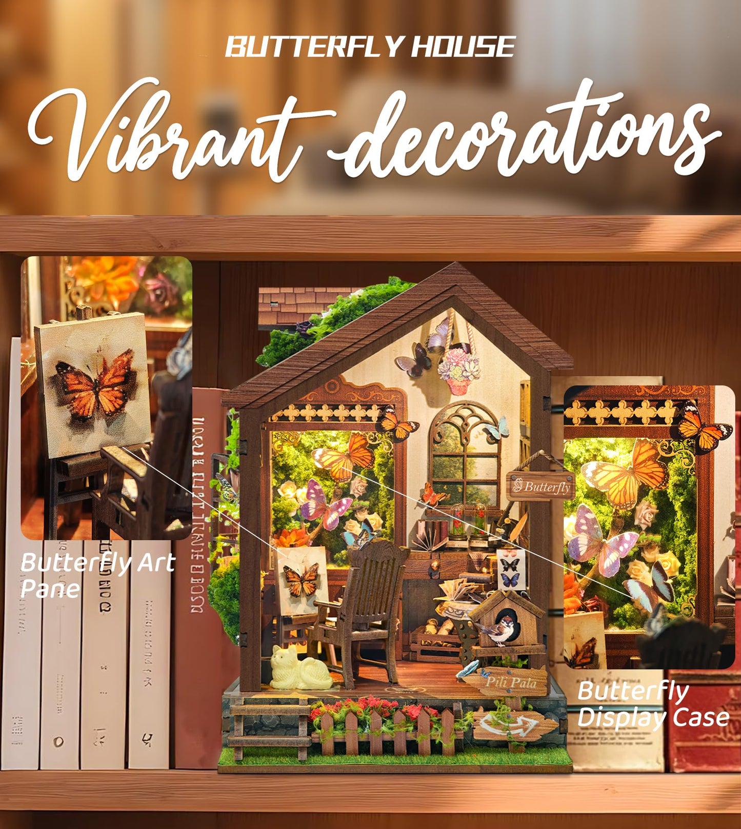 Roroom DIY Miniature Doll House with Furniture Dollhouse Kit for Adults and Teens,Booknook Tiny House Bookshelf Decor Mini 3D Wooden Puzzle, Gifts for Family, Friends (Butterfly-SQ60)