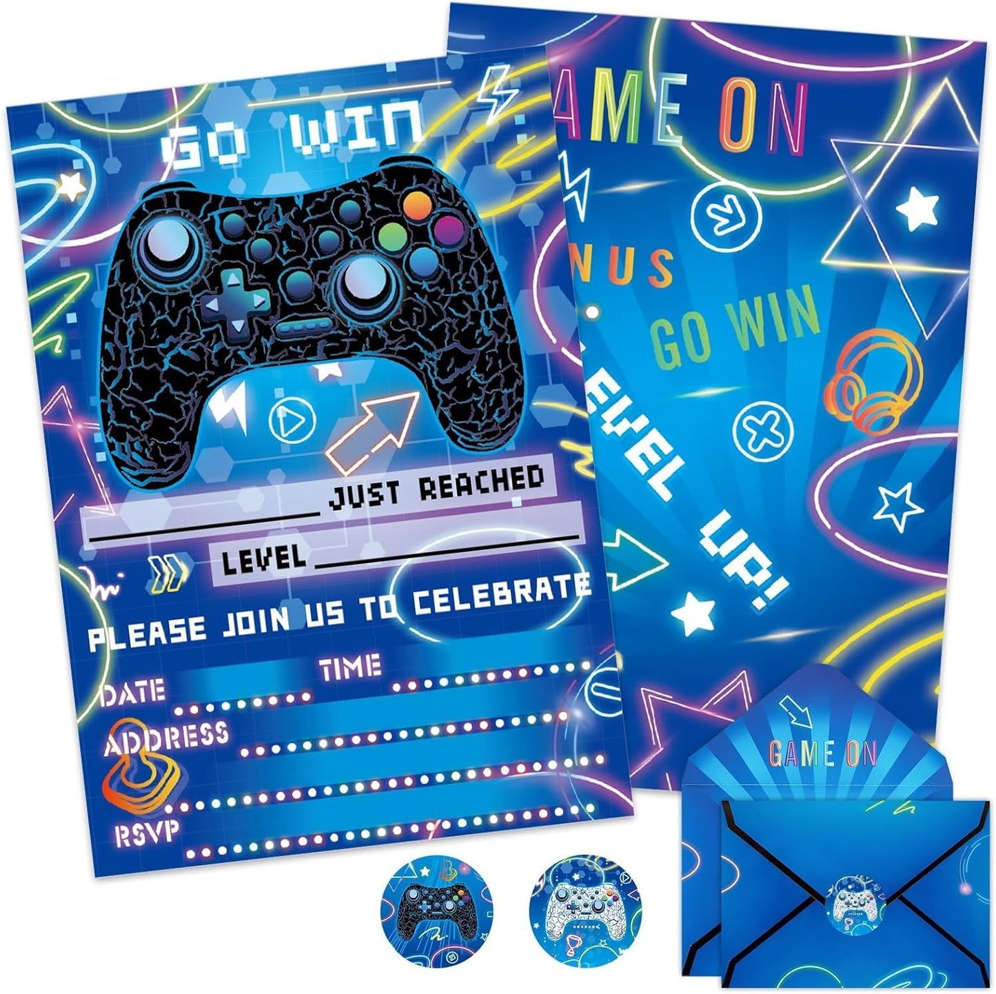 WERNNSAI Video Game Party Invitation - 24 Set Fill-in Blue Gaming Birthday Invitation Cards with Envelopes Sticker for Boys Kids Double-Sided Printed Game On Invitations for Celebration Party Supplies