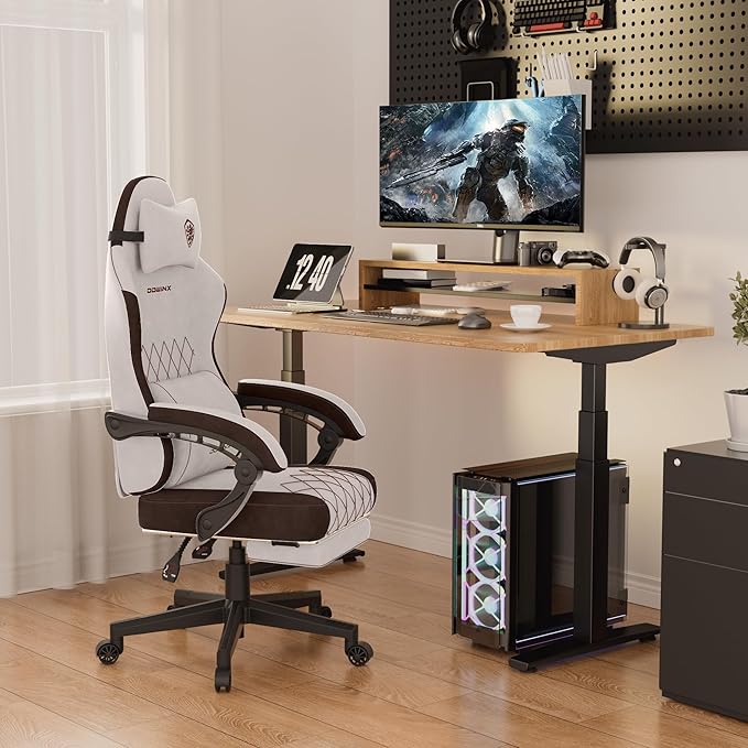 Dowinx Gaming Chair, Fabric Gaming Chairs for Adults with Pocket Spring Cushions and Lumbar Support, Ergonomic Massage Computer Chair with Footrest for Big and Tall, Brown